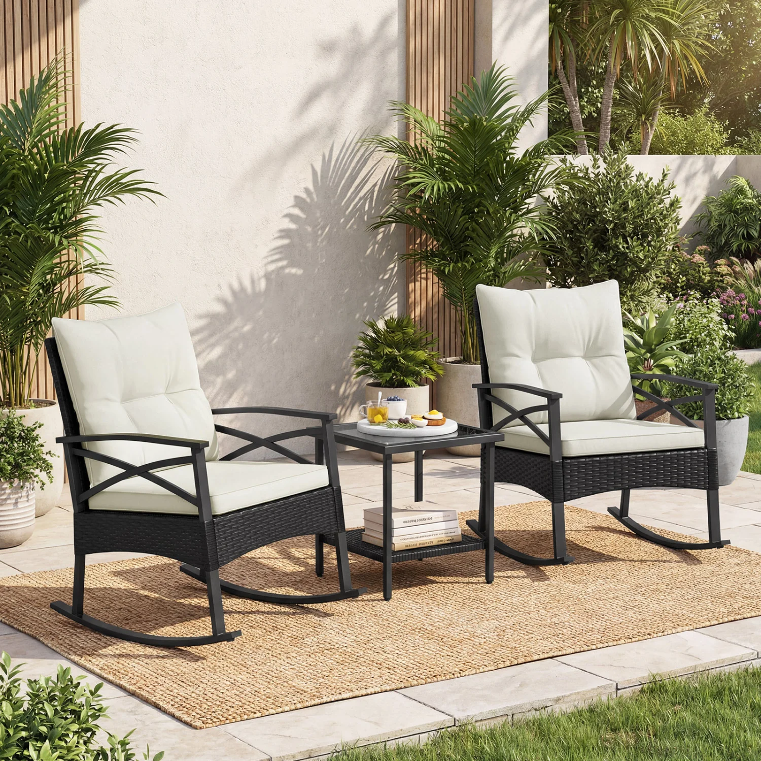 Outdoor Rattan Rocking Chairs Set, 2-Tier Side Table, White - Image 7