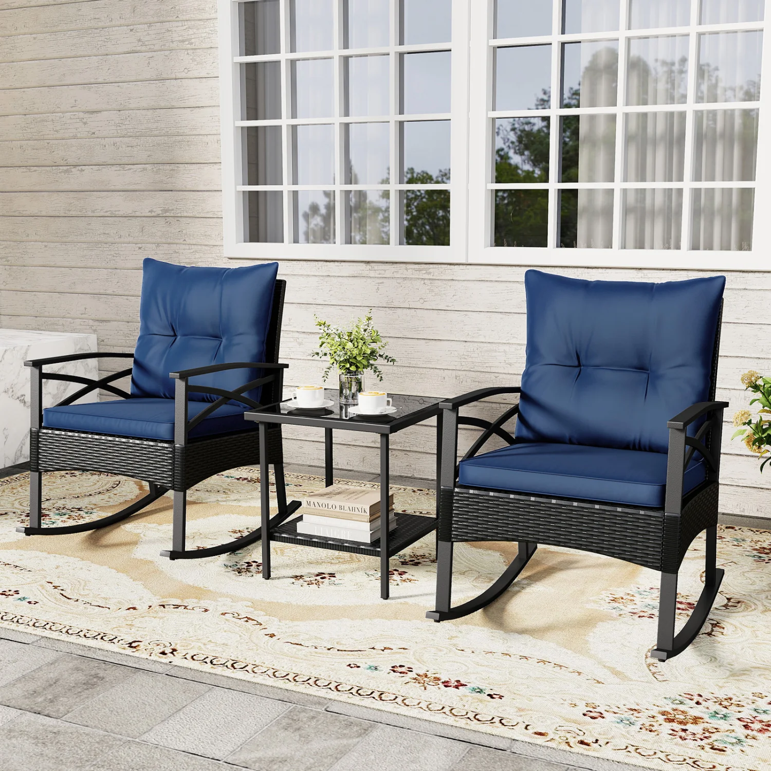 Outdoor Rattan Rocking Chairs Set, 3 Pieces, 2-Tier Side Table, Navy - Image 2