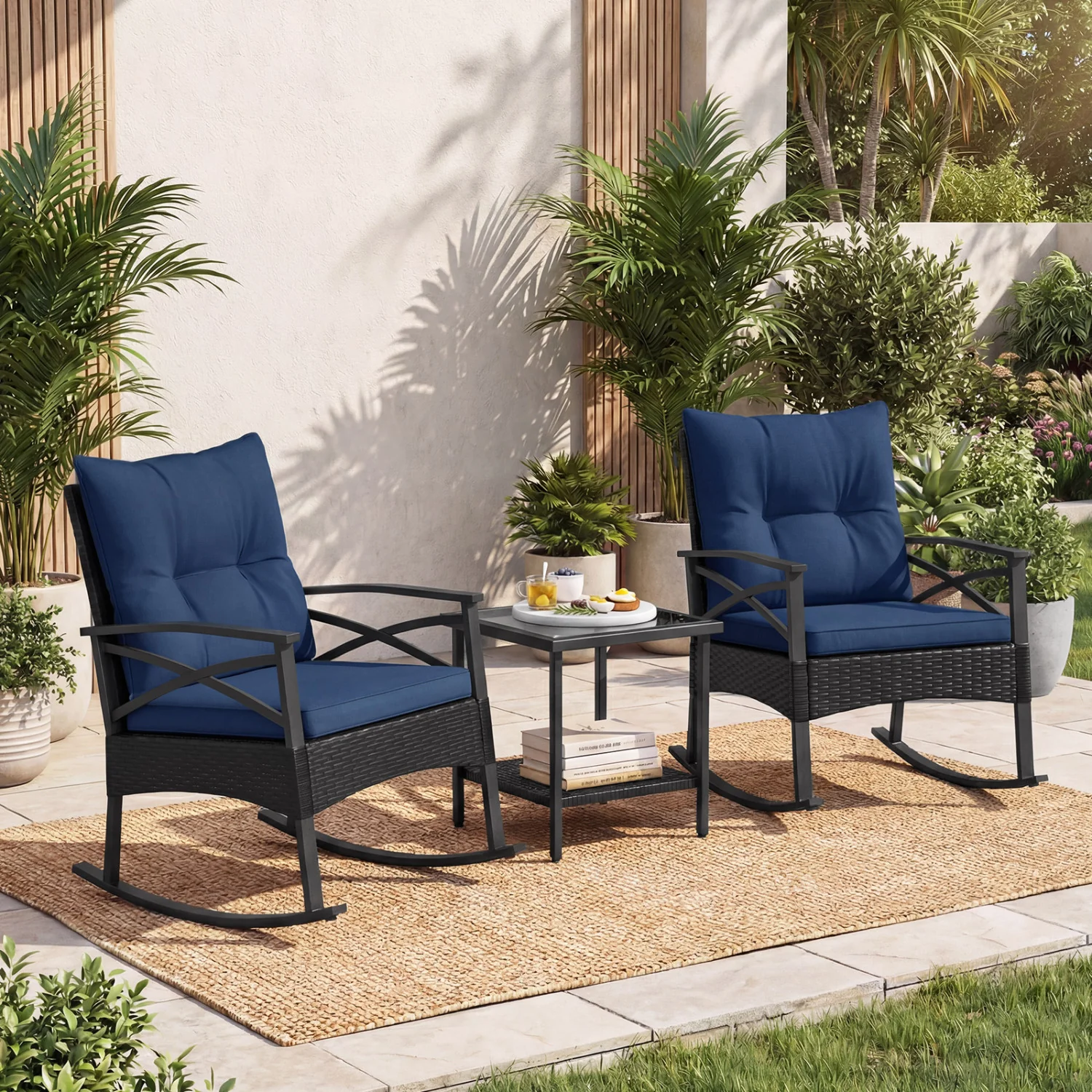 Outdoor Rattan Rocking Chairs Set, 3 Pieces, 2-Tier Side Table, Navy - Image 7