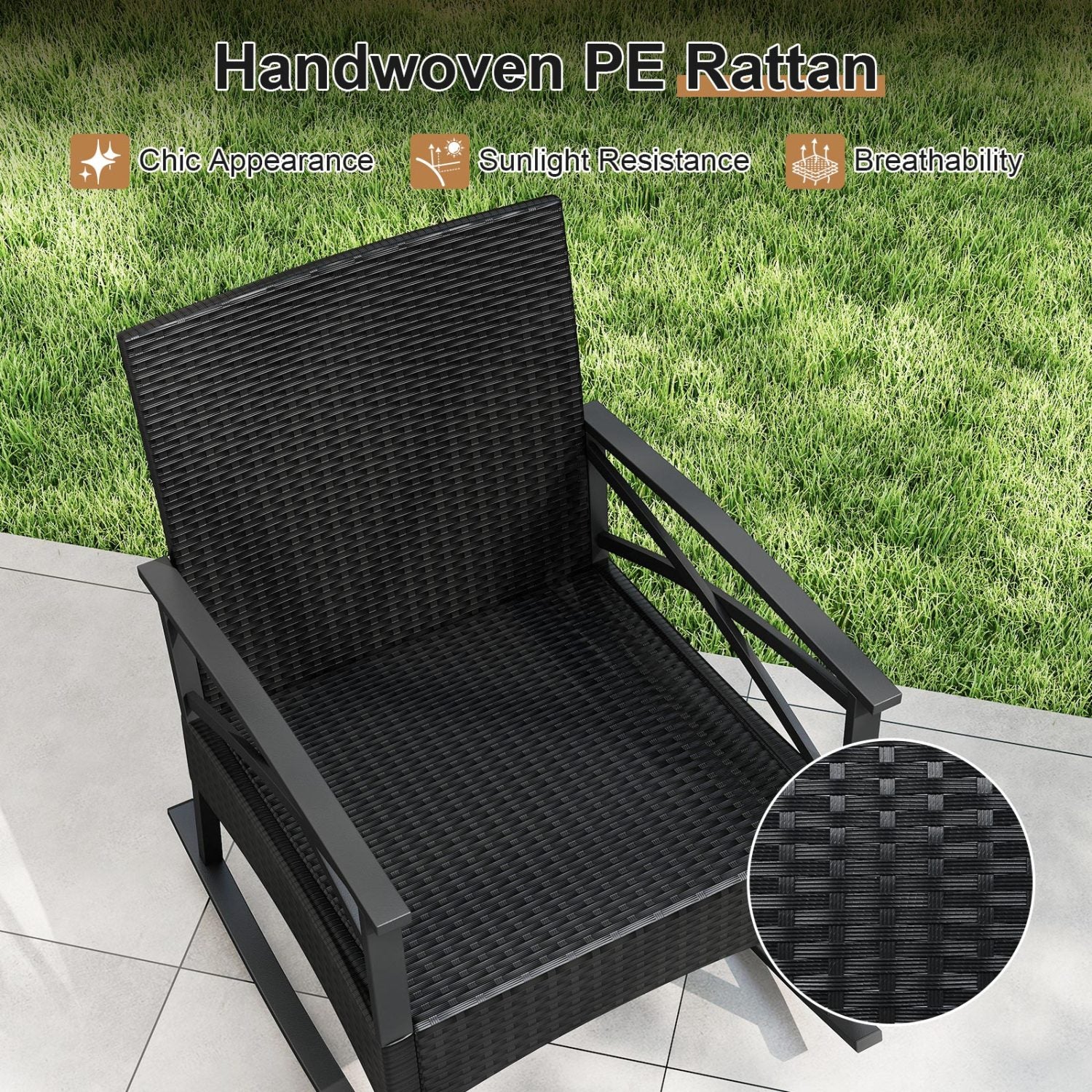 Outdoor Rattan Rocking Chairs Set, 3 Pieces, 2-Tier Side Table, Navy - Image 8