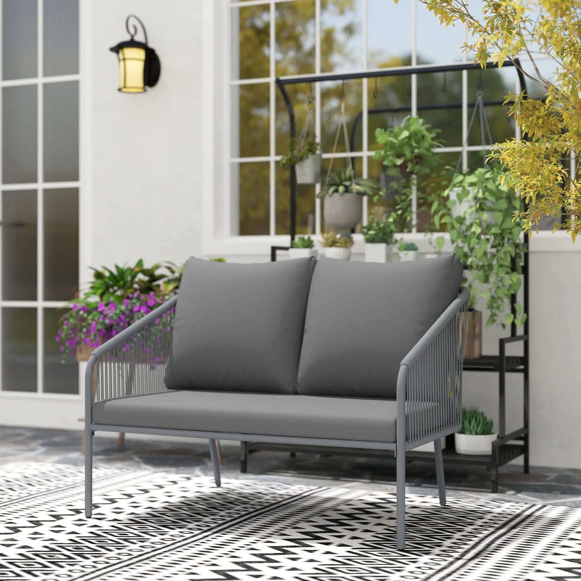 Outdoor Rattan Sofa With Cushions, 2-Seater, 112 x 72 x 76 cm, Grey - Image 10