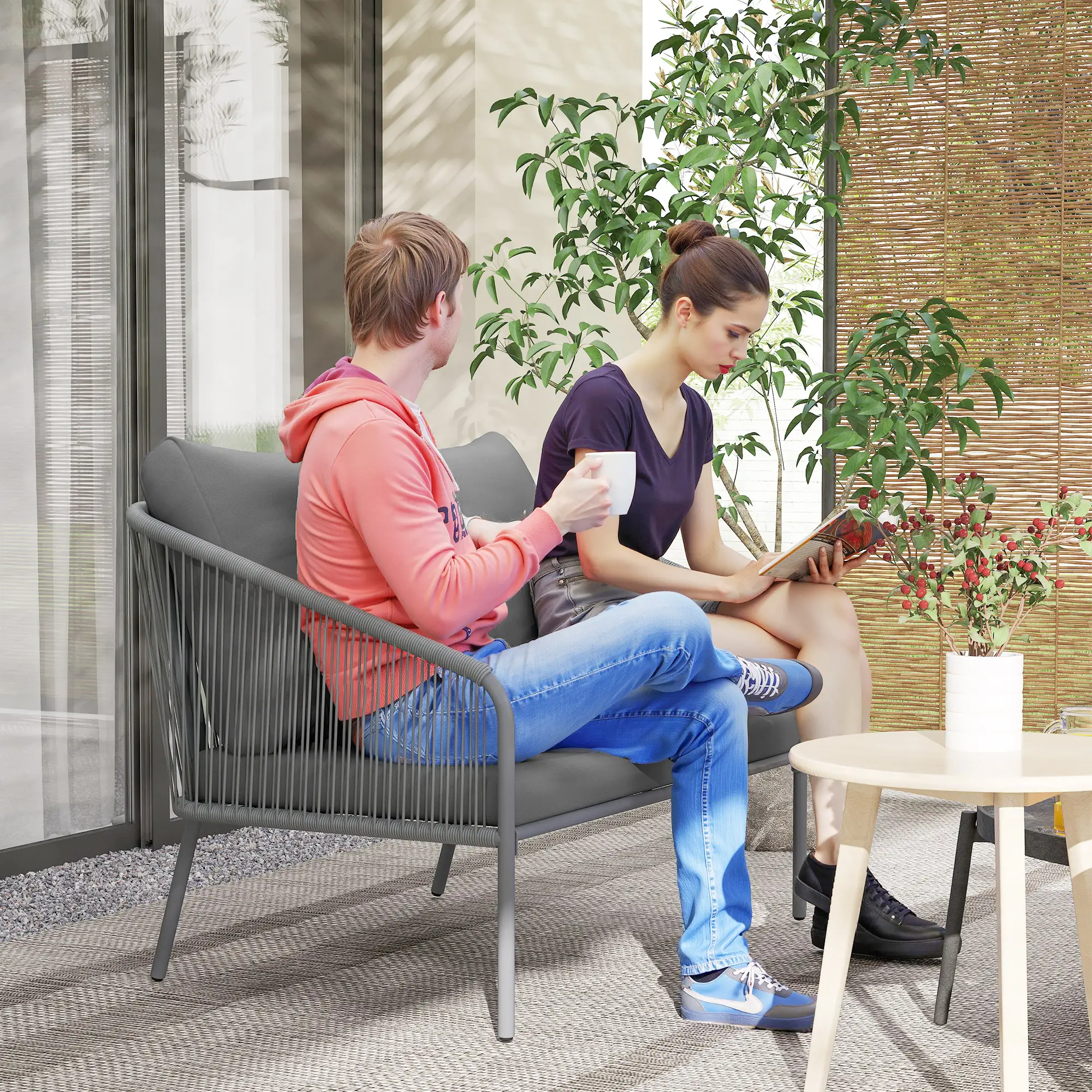 Outdoor Rattan Sofa With Cushions, 2-Seater, 112 x 72 x 76 cm, Grey - Image 2
