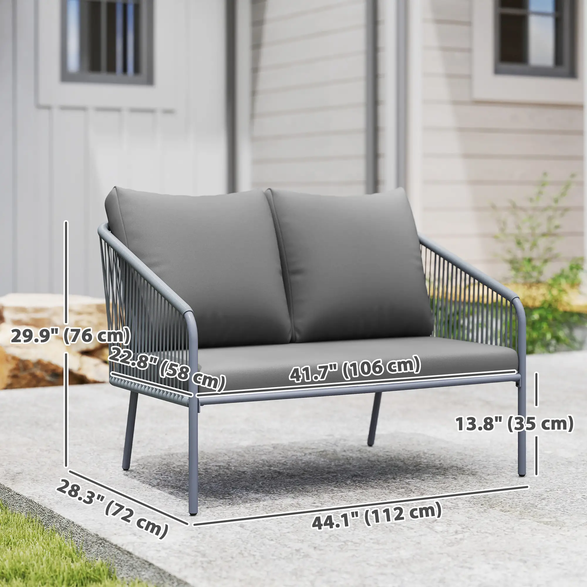 Outdoor Rattan Sofa With Cushions, 2-Seater, 112 x 72 x 76 cm, Grey - Image 3