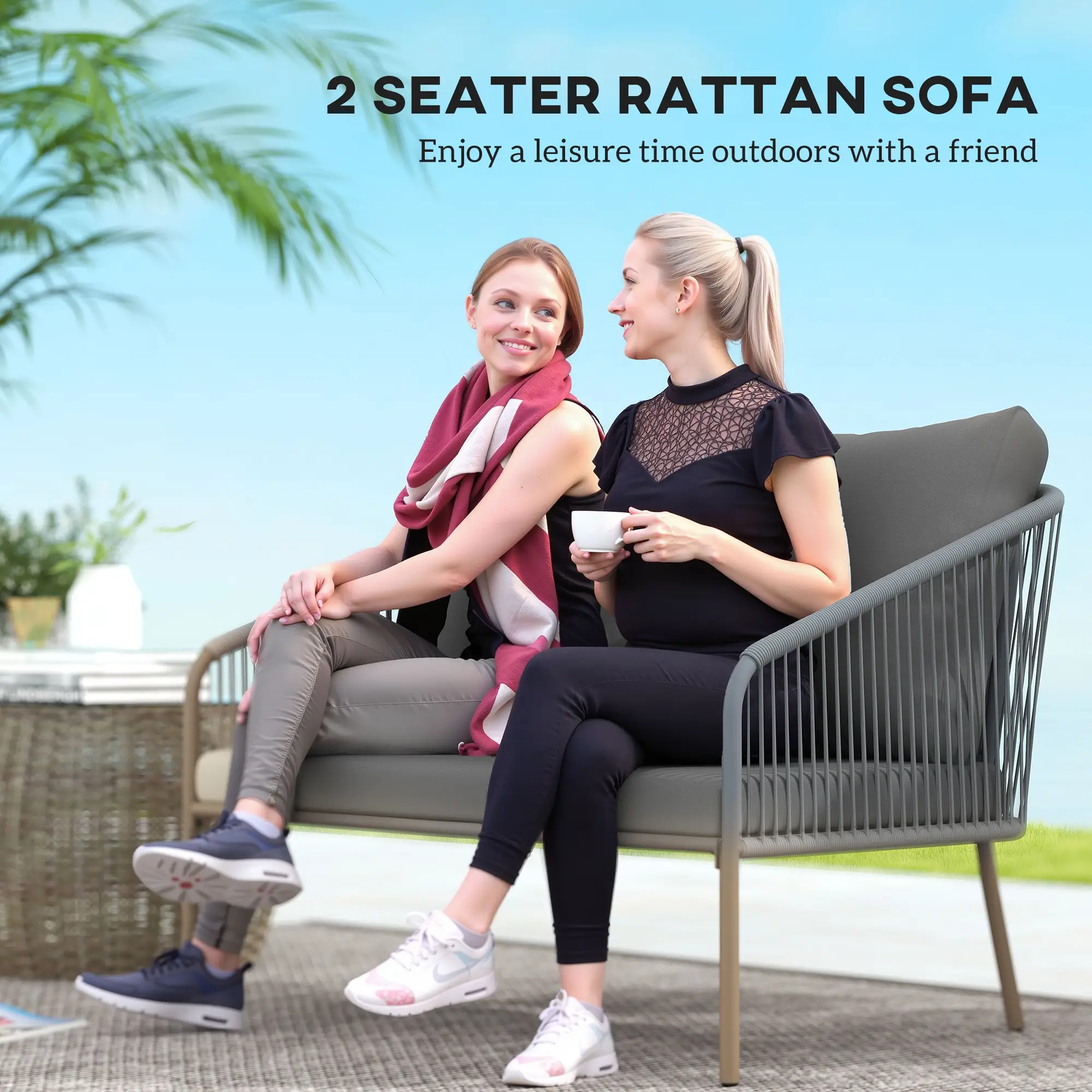 Outdoor Rattan Sofa With Cushions, 2-Seater, 112 x 72 x 76 cm, Grey - Image 4