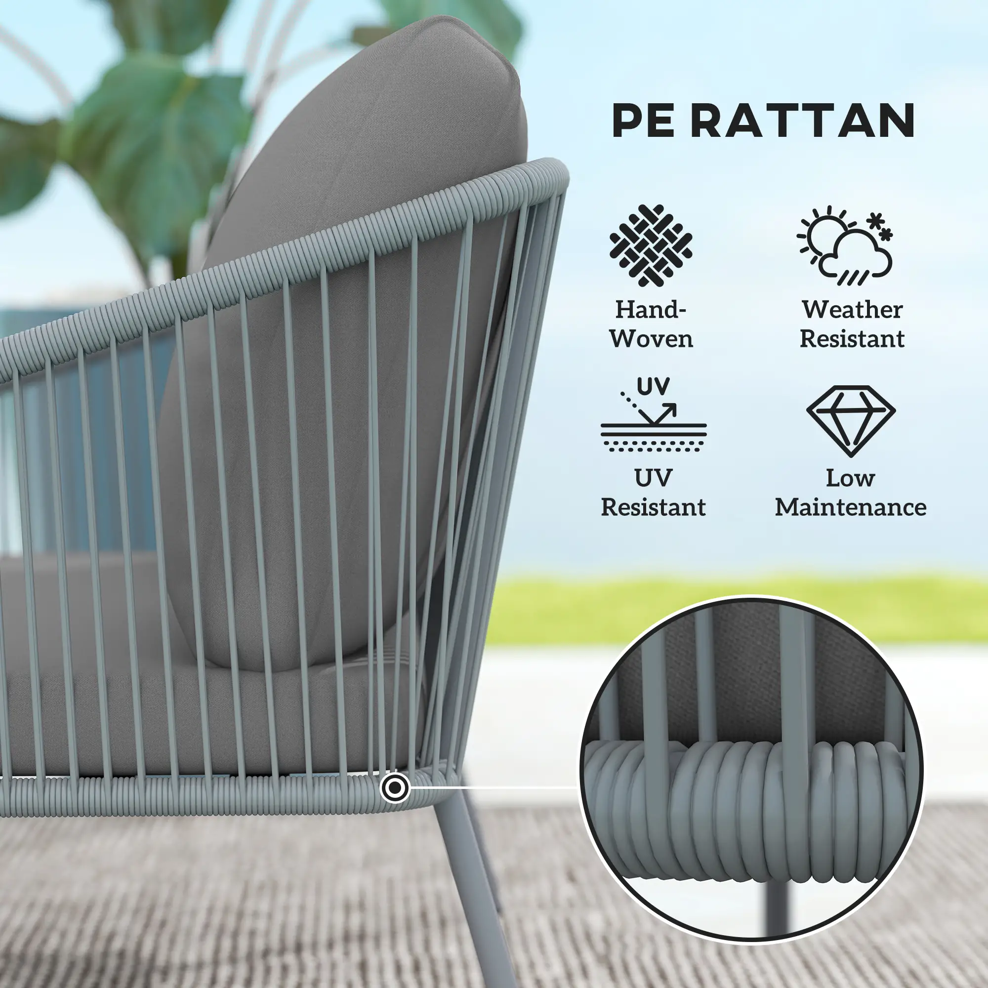 Outdoor Rattan Sofa With Cushions, 2-Seater, 112 x 72 x 76 cm, Grey - Image 5