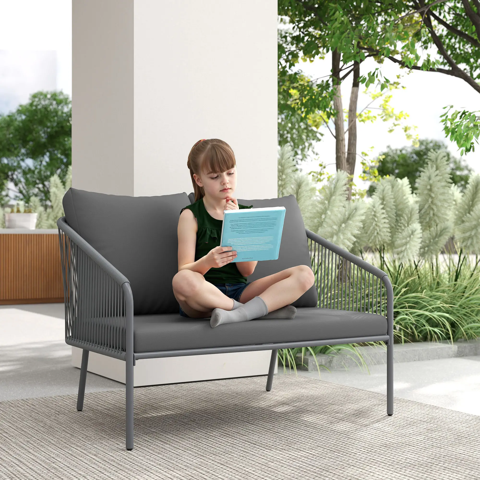 Outdoor Rattan Sofa With Cushions, 2-Seater, 112 x 72 x 76 cm, Grey - Image 7