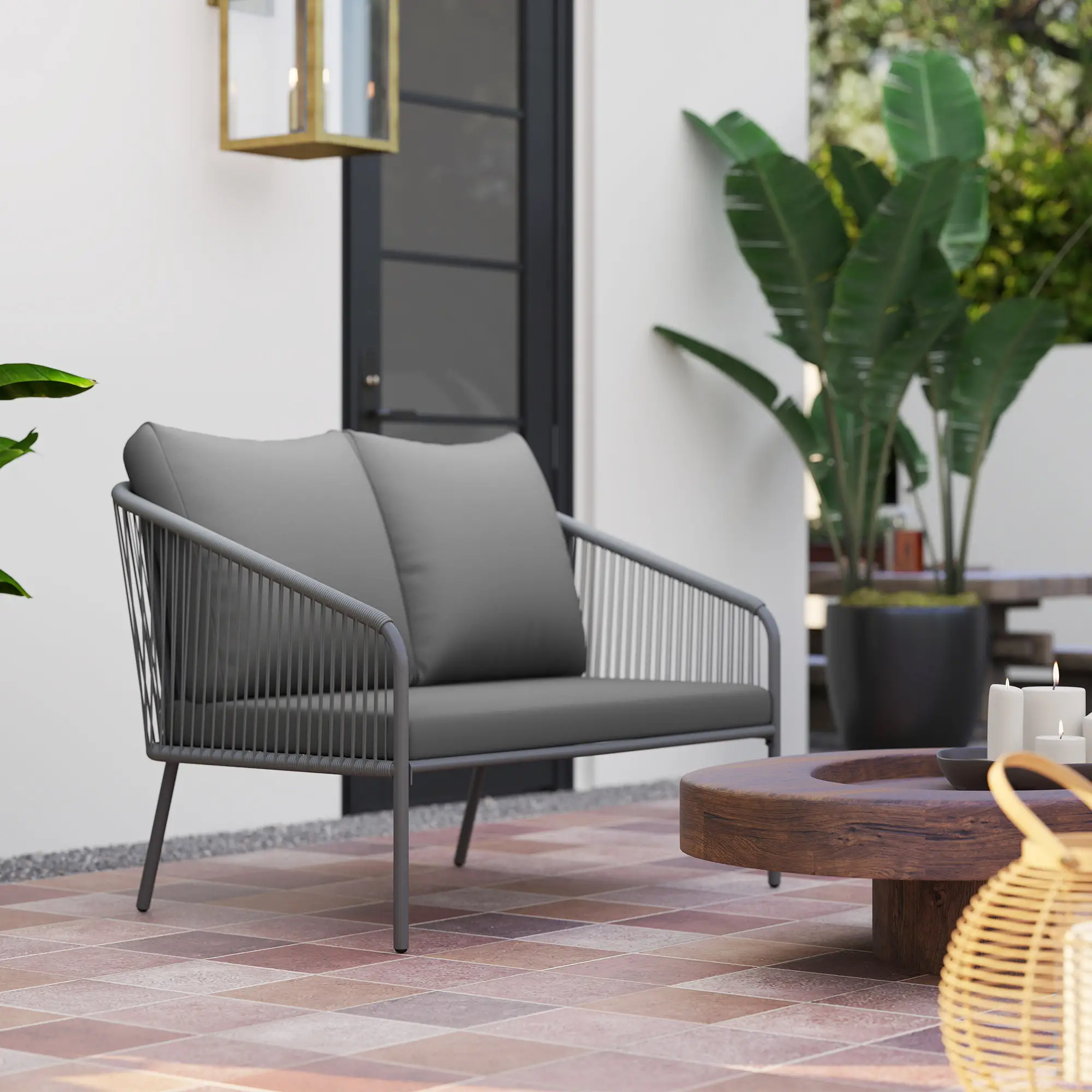Outdoor Rattan Sofa With Cushions, 2-Seater, 112 x 72 x 76 cm, Grey - Image 8