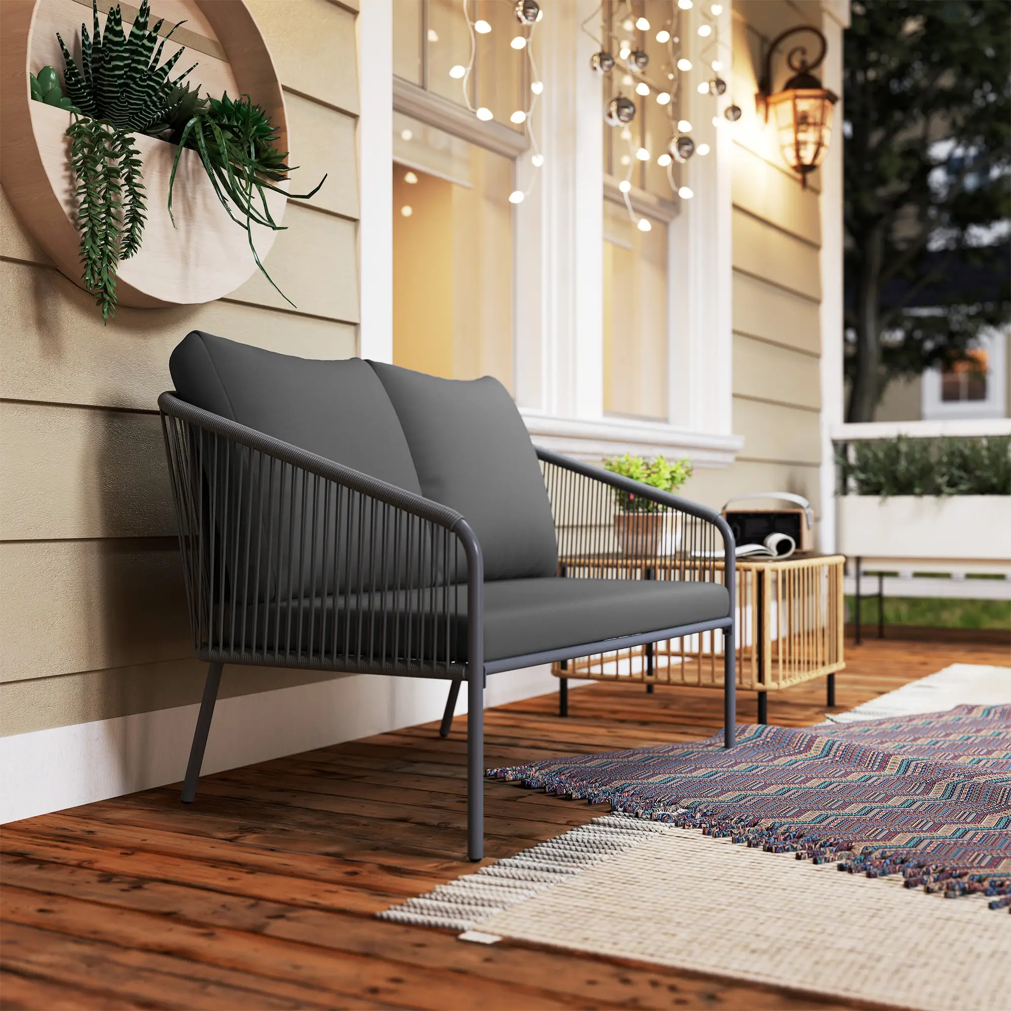 Outdoor Rattan Sofa With Cushions, 2-Seater, 112 x 72 x 76 cm, Grey - Image 9