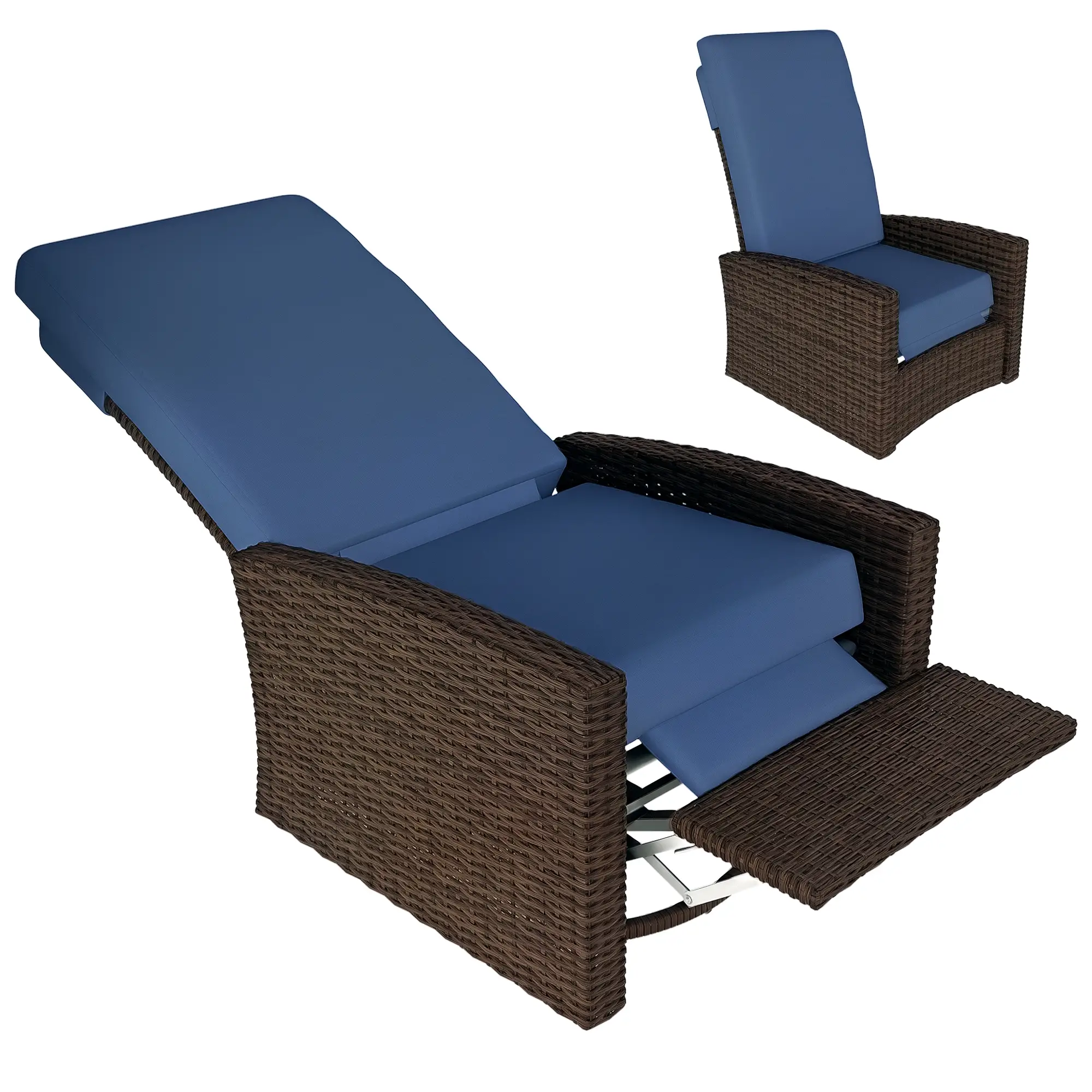 Outdoor Rattan Wicker Lounge Chair with Footrest &; Soft Cushion for Patio, Garden, Backyard, Dark Blue - Image 11