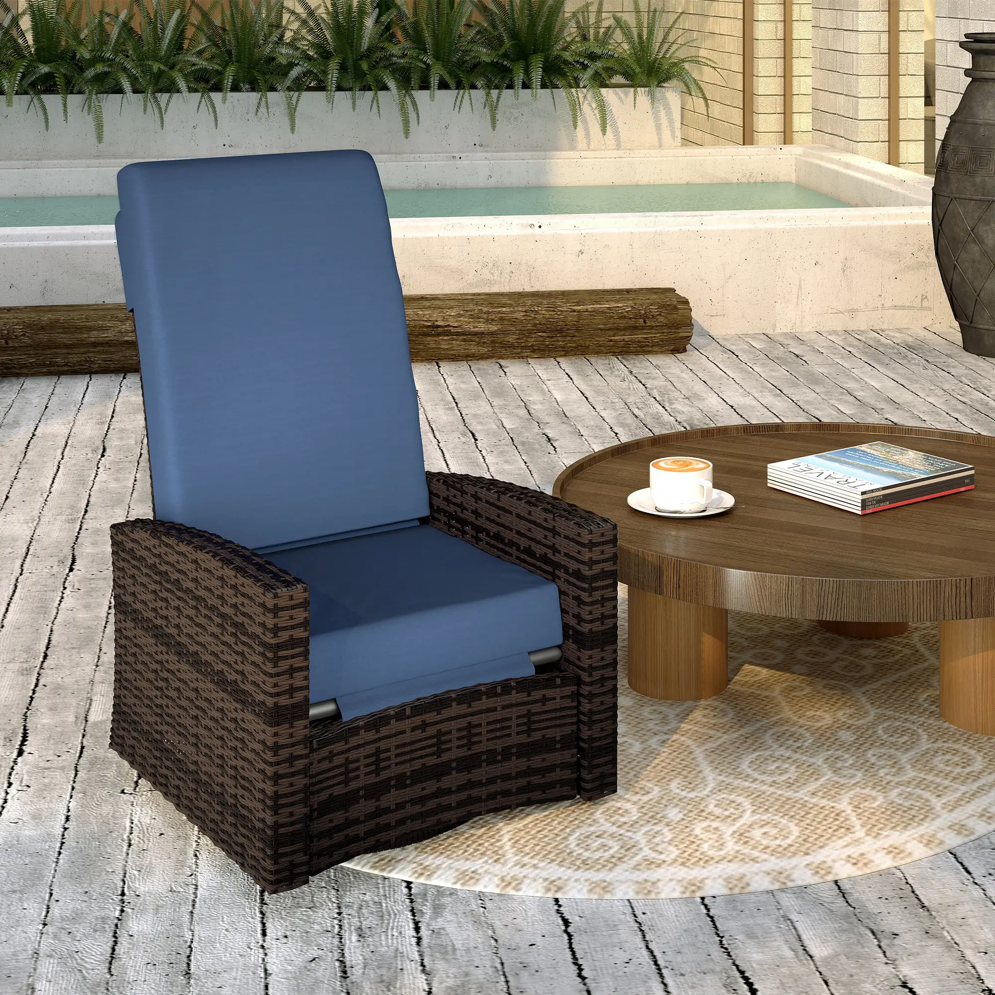 Outdoor Rattan Wicker Lounge Chair with Footrest &; Soft Cushion for Patio, Garden, Backyard, Dark Blue - Image 2