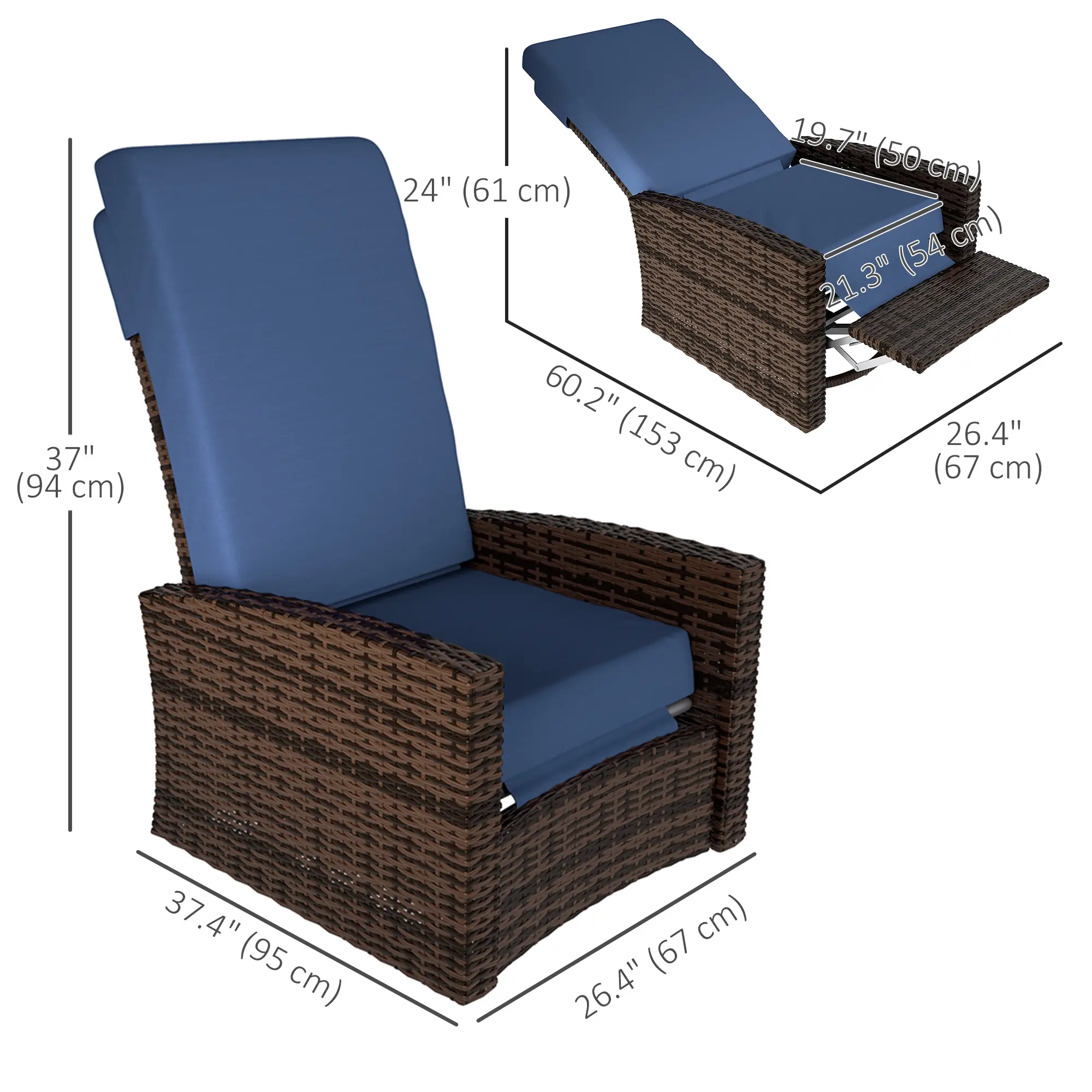 Outdoor Rattan Wicker Lounge Chair with Footrest &; Soft Cushion for Patio, Garden, Backyard, Dark Blue - Image 3