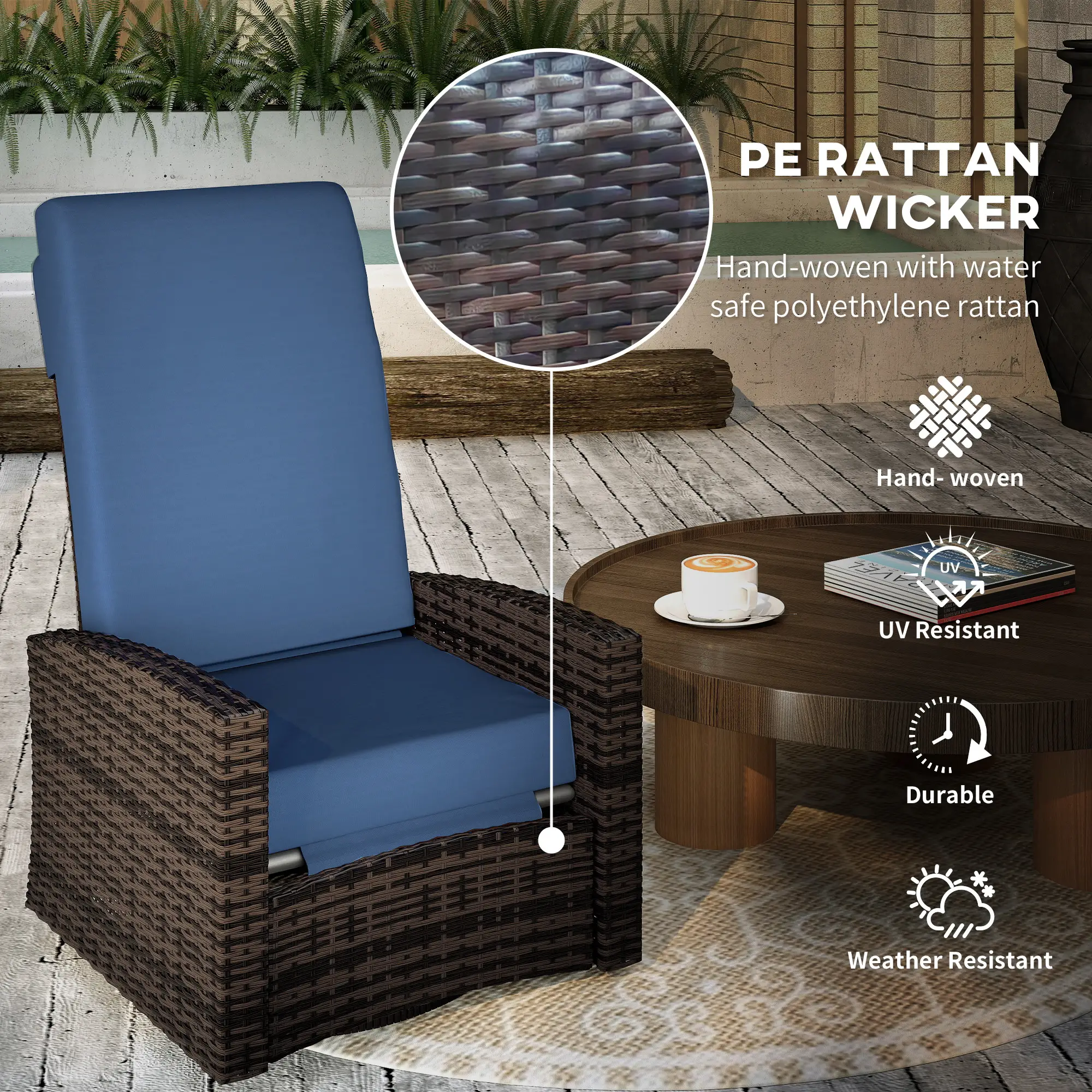 Outdoor Rattan Wicker Lounge Chair with Footrest &; Soft Cushion for Patio, Garden, Backyard, Dark Blue - Image 4
