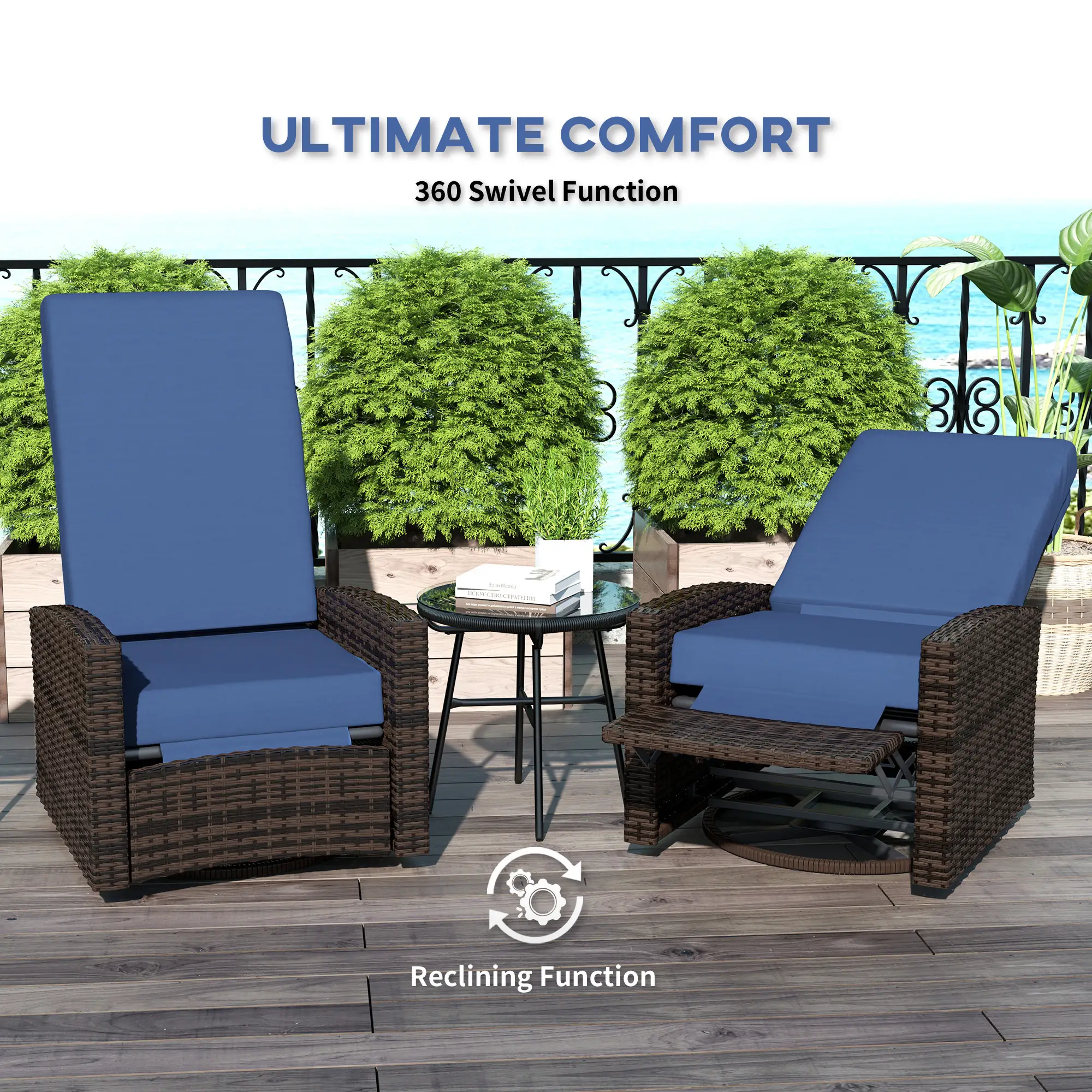 Outdoor Rattan Wicker Lounge Chair with Footrest &; Soft Cushion for Patio, Garden, Backyard, Dark Blue - Image 5
