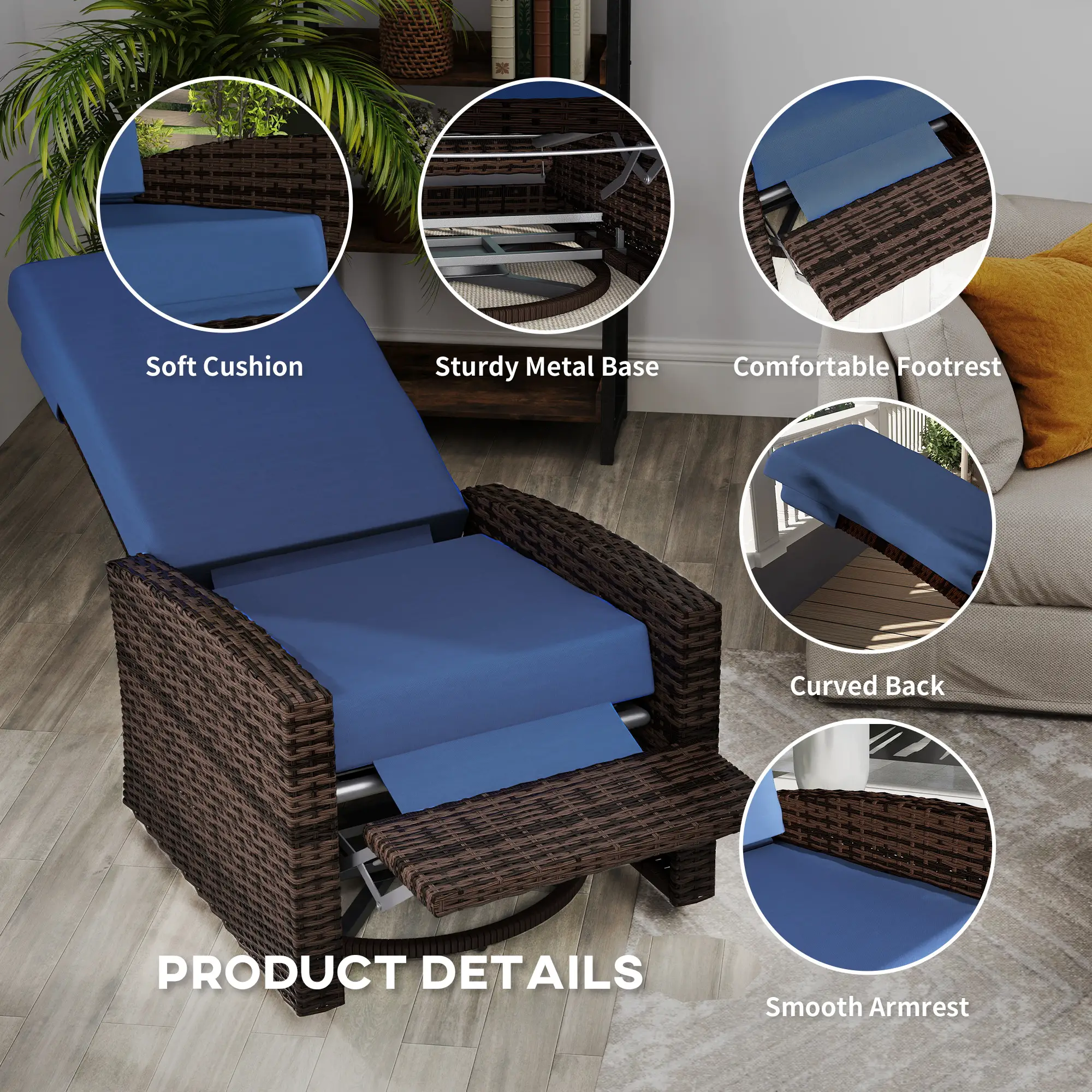 Outdoor Rattan Wicker Lounge Chair with Footrest &; Soft Cushion for Patio, Garden, Backyard, Dark Blue - Image 6