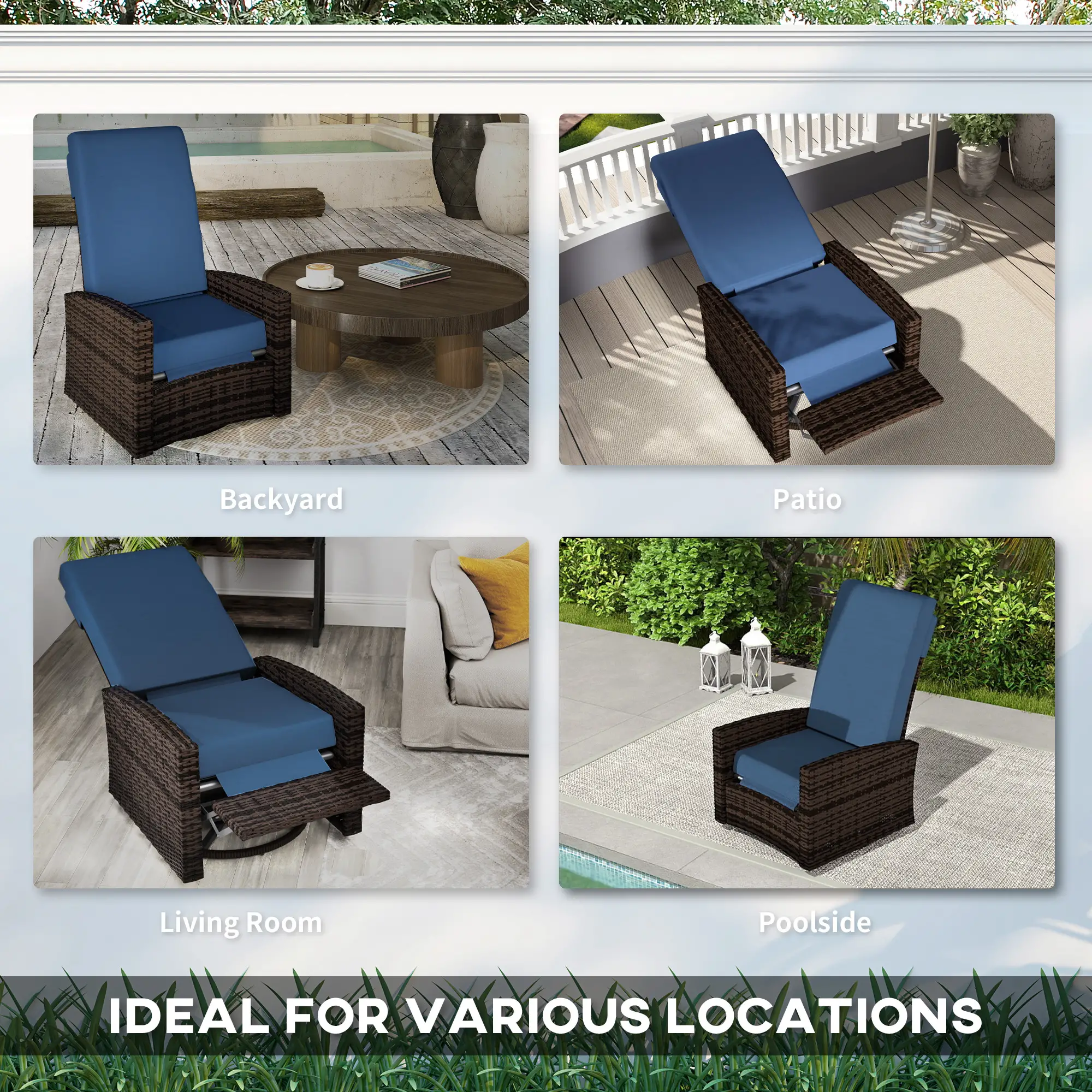 Outdoor Rattan Wicker Lounge Chair with Footrest &; Soft Cushion for Patio, Garden, Backyard, Dark Blue - Image 7