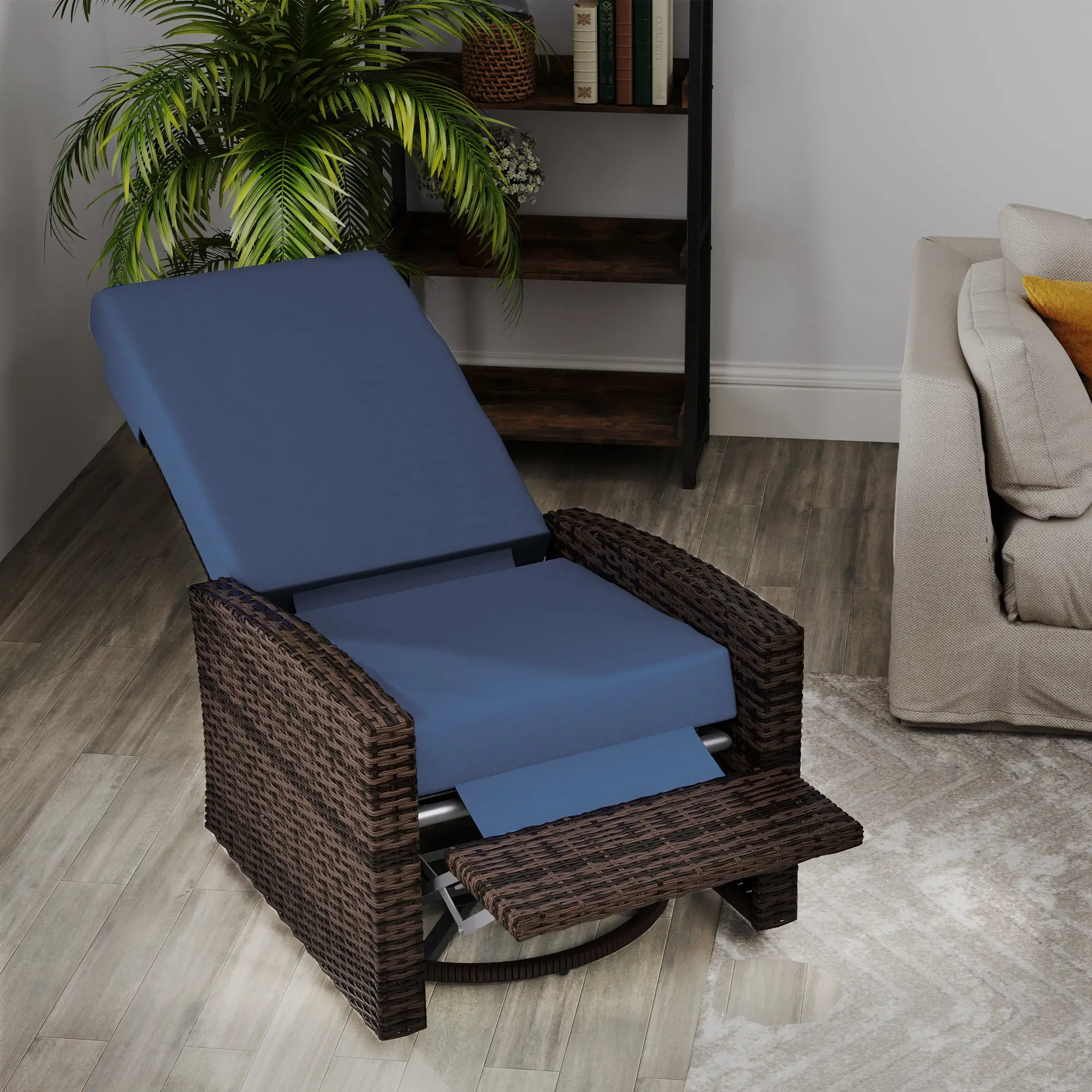 Outdoor Rattan Wicker Lounge Chair with Footrest &; Soft Cushion for Patio, Garden, Backyard, Dark Blue - Image 8