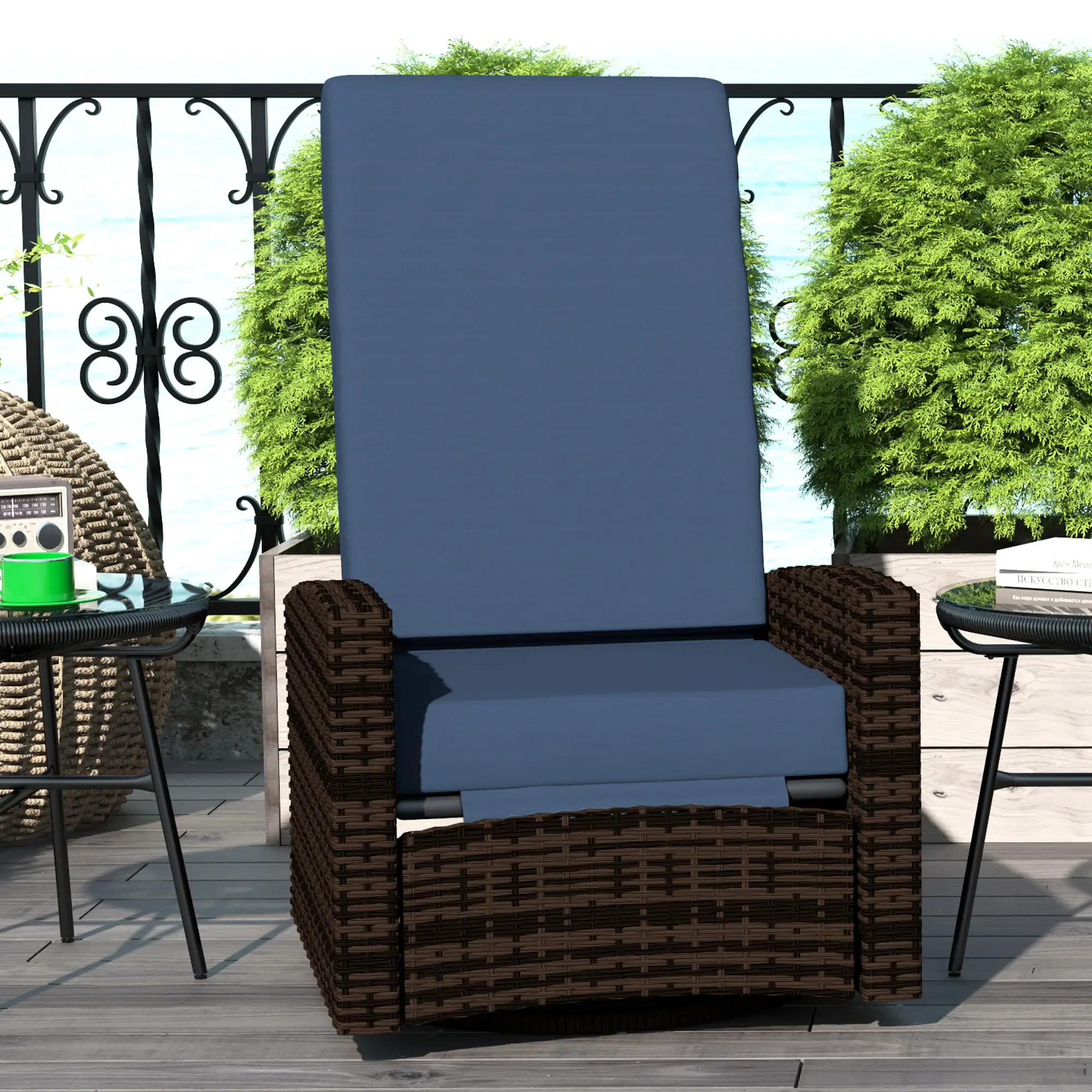 Outdoor Rattan Wicker Lounge Chair with Footrest &; Soft Cushion for Patio, Garden, Backyard, Dark Blue - Image 9