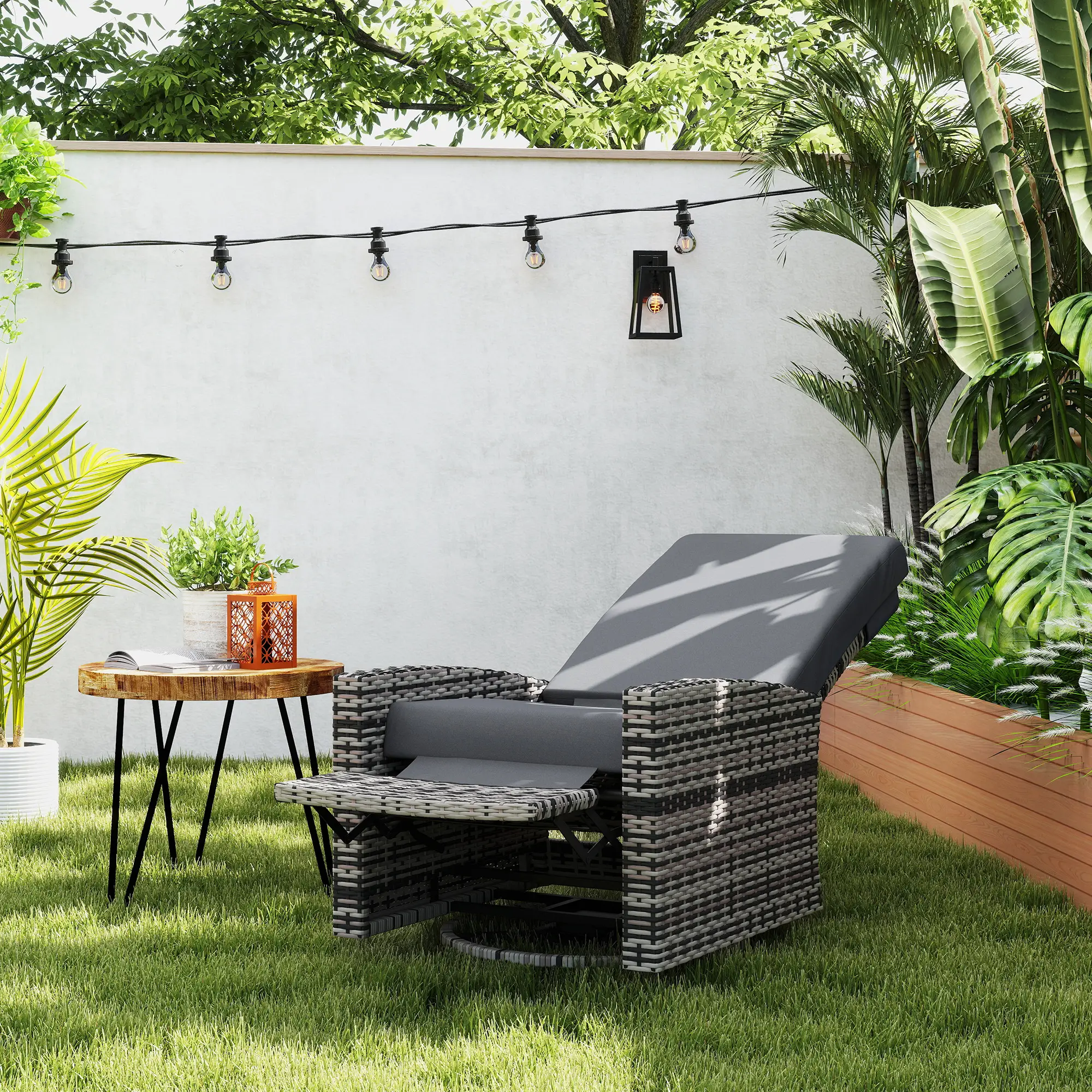 Outdoor Rattan Wicker Lounge Chair with Footrest, Soft Cushion, Grey - Image 2