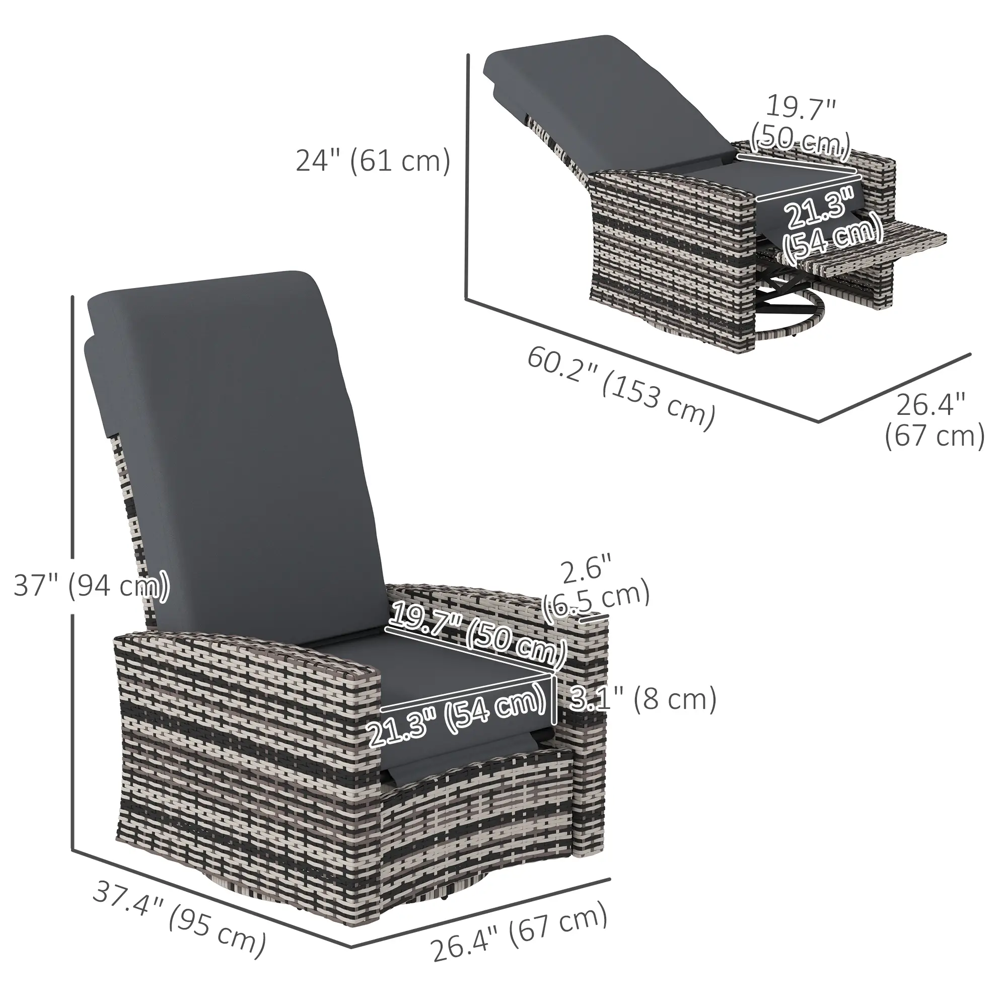 Outdoor Rattan Wicker Lounge Chair with Footrest, Soft Cushion, Grey - Image 3