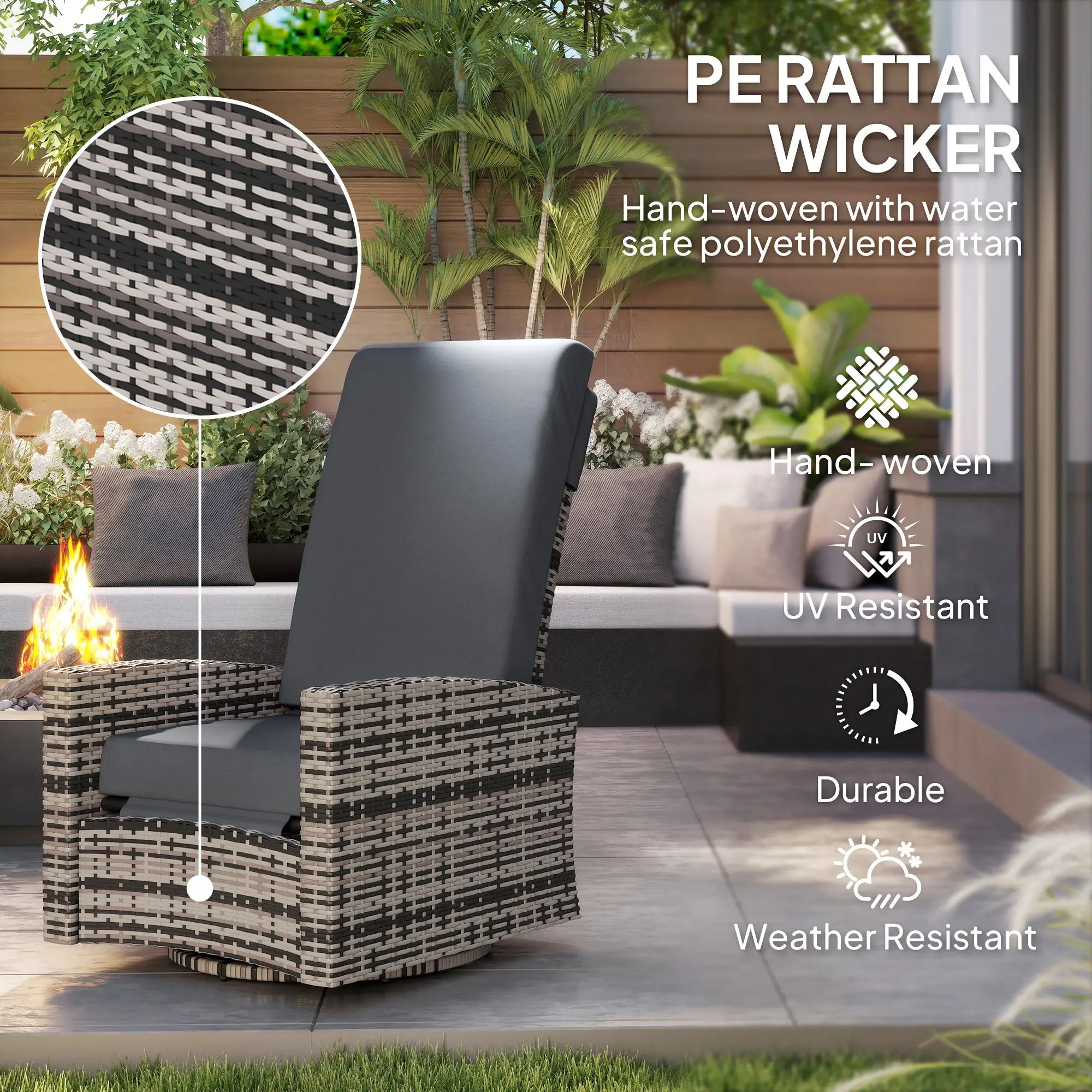Outdoor Rattan Wicker Lounge Chair with Footrest, Soft Cushion, Grey - Image 4