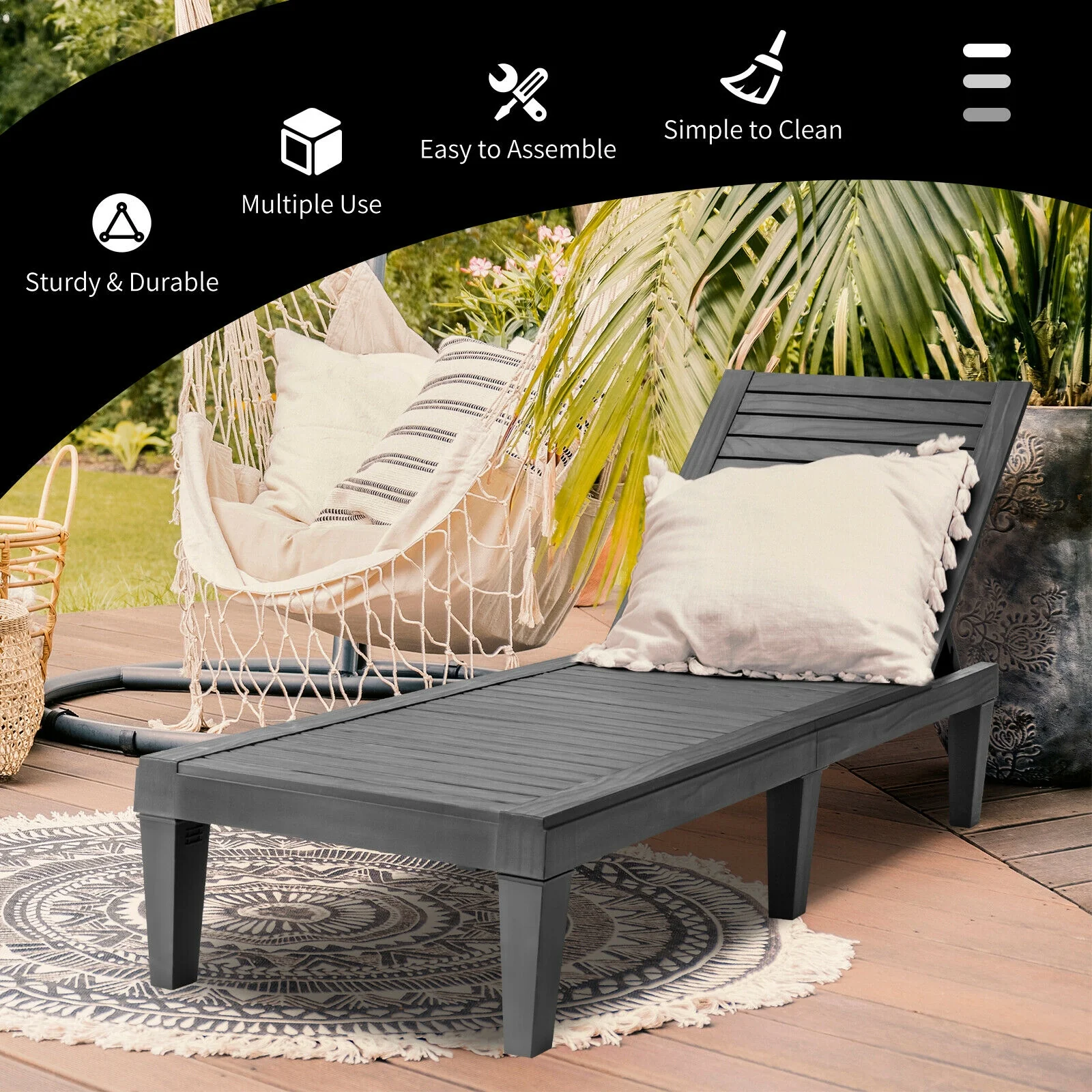 Outdoor Recliner Chair, 5-Position Adjustable Backrest, Black - Image 10