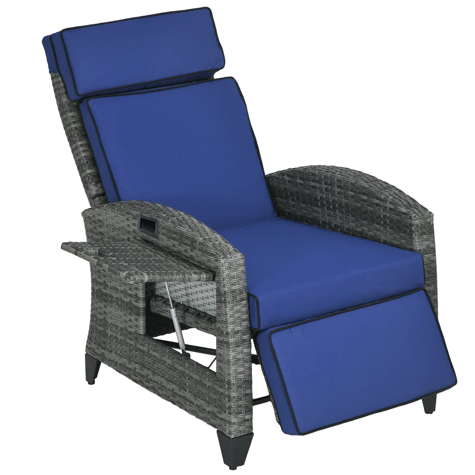 Outdoor Recliner Chair, Adjustable Backrest, Cushion, Side Tray, Dark Blue
