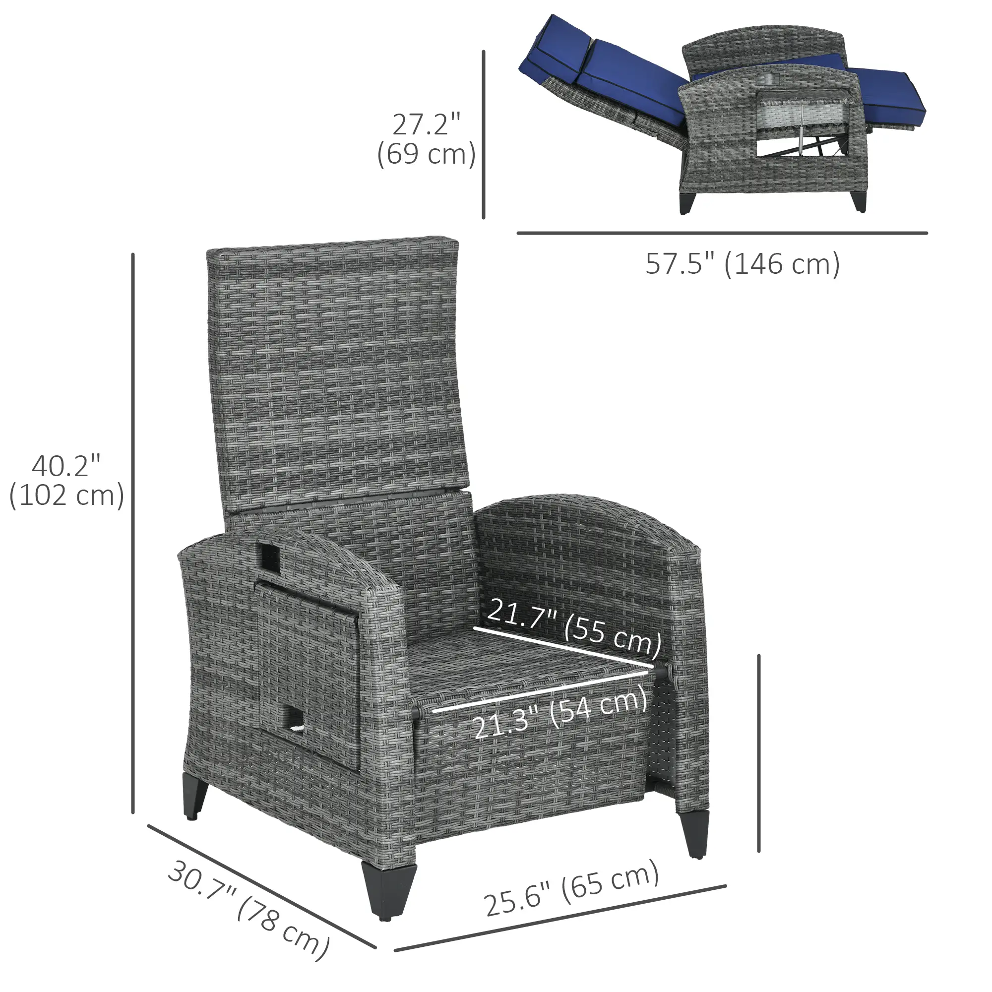 Outdoor Recliner Chair, Adjustable Backrest, Cushion, Side Tray, Dark Blue - Image 3
