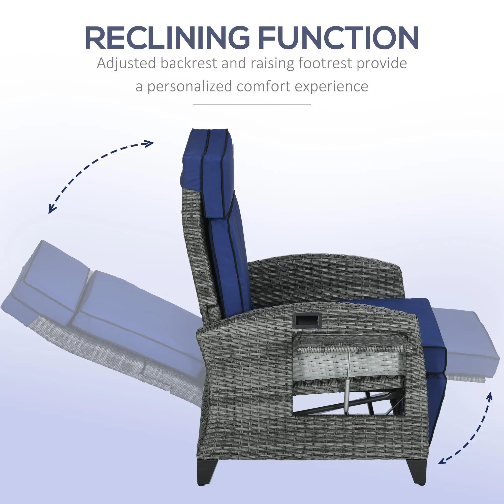 Outdoor Recliner Chair, Adjustable Backrest, Cushion, Side Tray, Dark Blue - Image 4