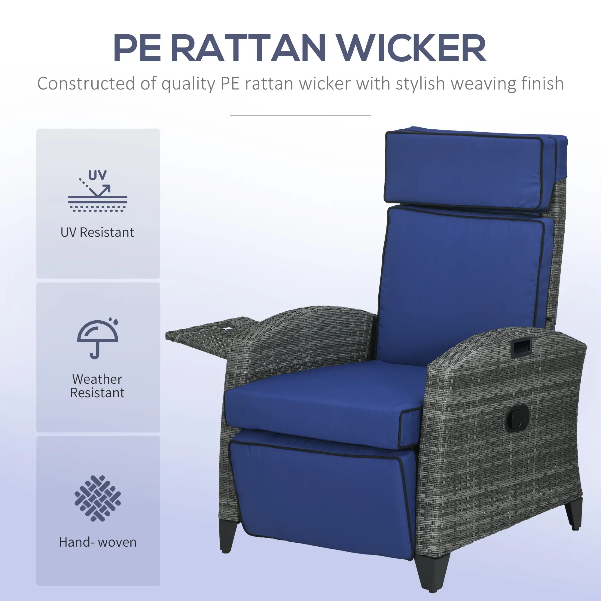 Outdoor Recliner Chair, Adjustable Backrest, Cushion, Side Tray, Dark Blue - Image 5