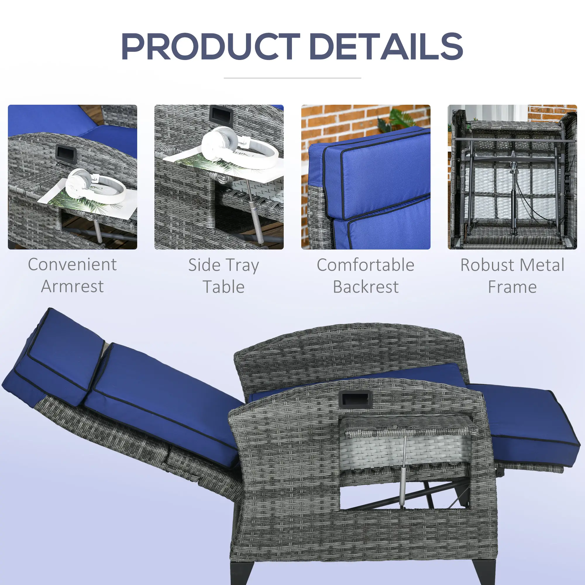 Outdoor Recliner Chair, Adjustable Backrest, Cushion, Side Tray, Dark Blue - Image 6