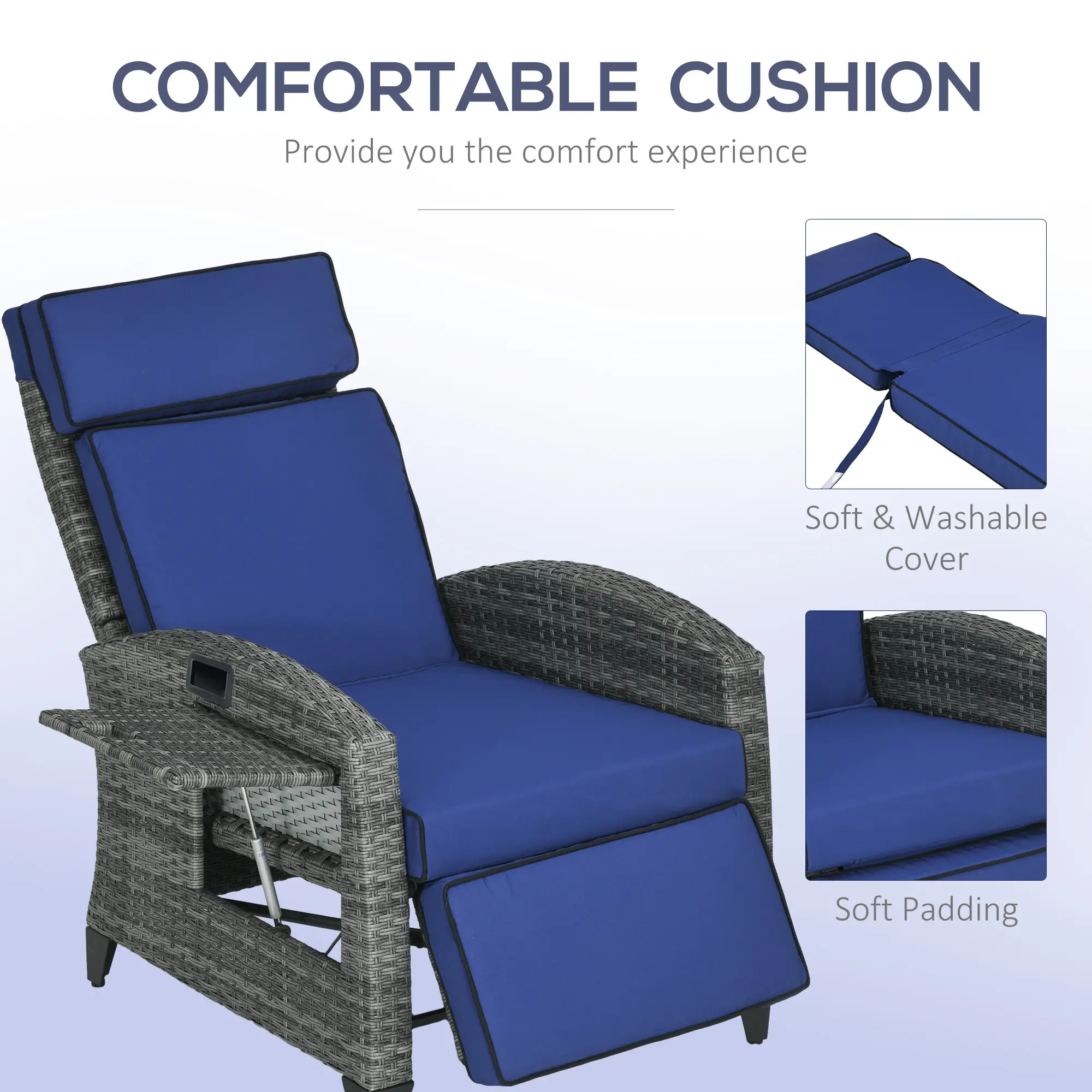 Outdoor Recliner Chair, Adjustable Backrest, Cushion, Side Tray, Dark Blue - Image 7