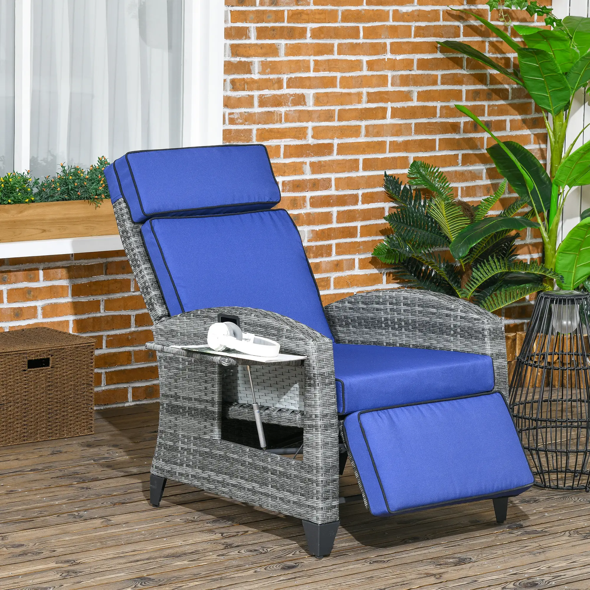 Outdoor Recliner Chair, Adjustable Backrest, Cushion, Side Tray, Dark Blue - Image 8