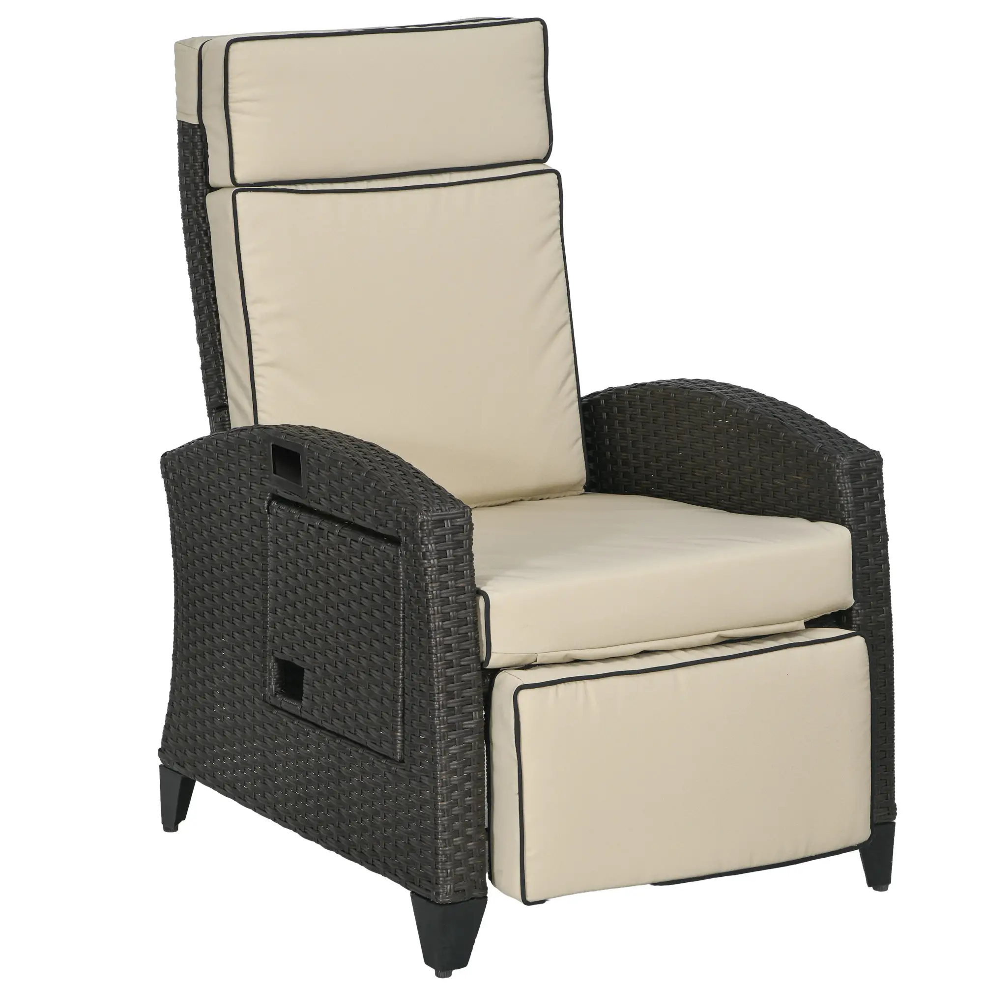 Outdoor Recliner Chair, Adjustable Backrest, Cushion, Side Tray, Khaki - Image 11