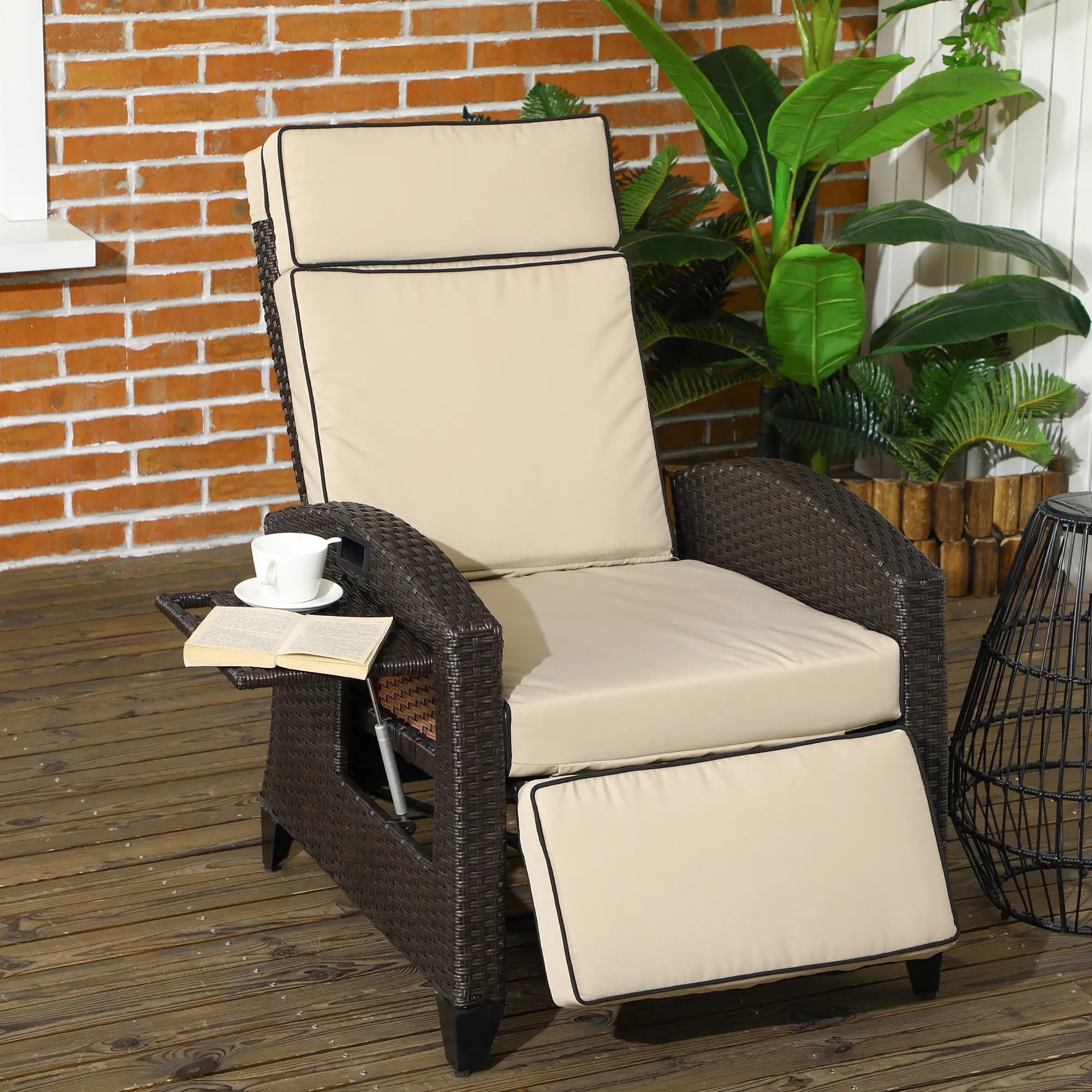 Outdoor Recliner Chair, Adjustable Backrest, Cushion, Side Tray, Khaki - Image 2