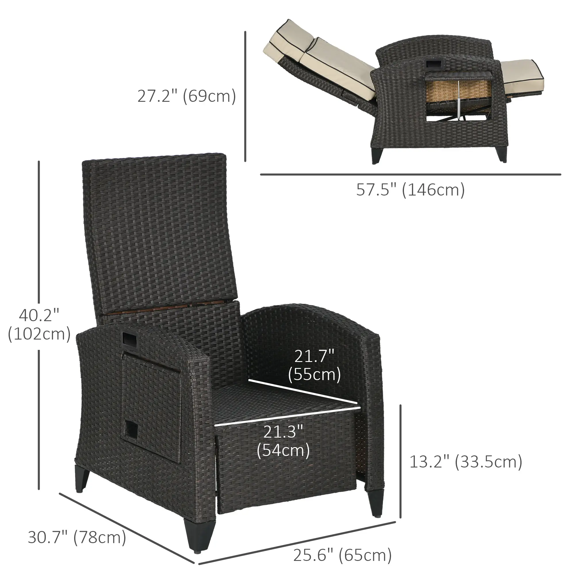 Outdoor Recliner Chair, Adjustable Backrest, Cushion, Side Tray, Khaki - Image 3