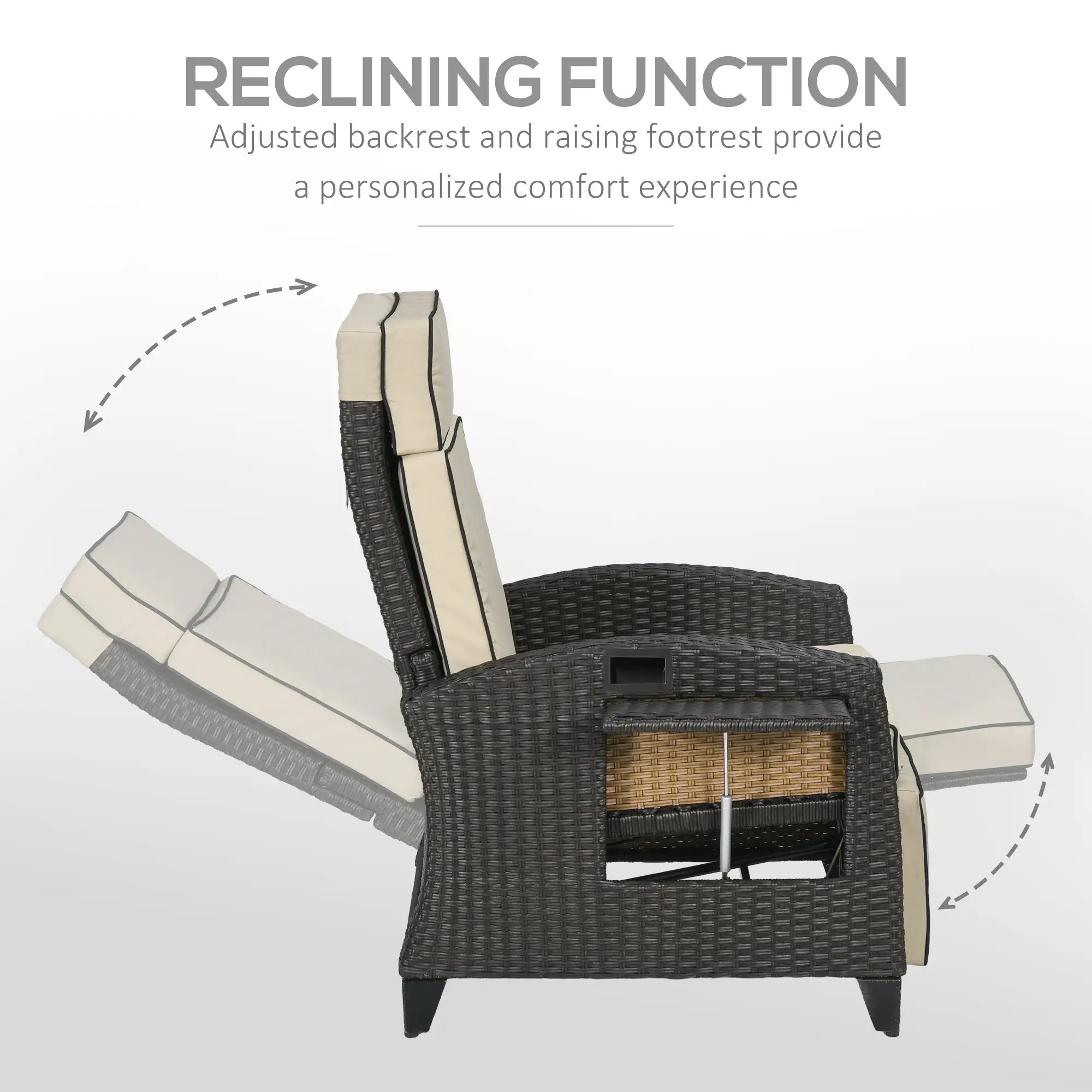 Outdoor Recliner Chair, Adjustable Backrest, Cushion, Side Tray, Khaki - Image 4