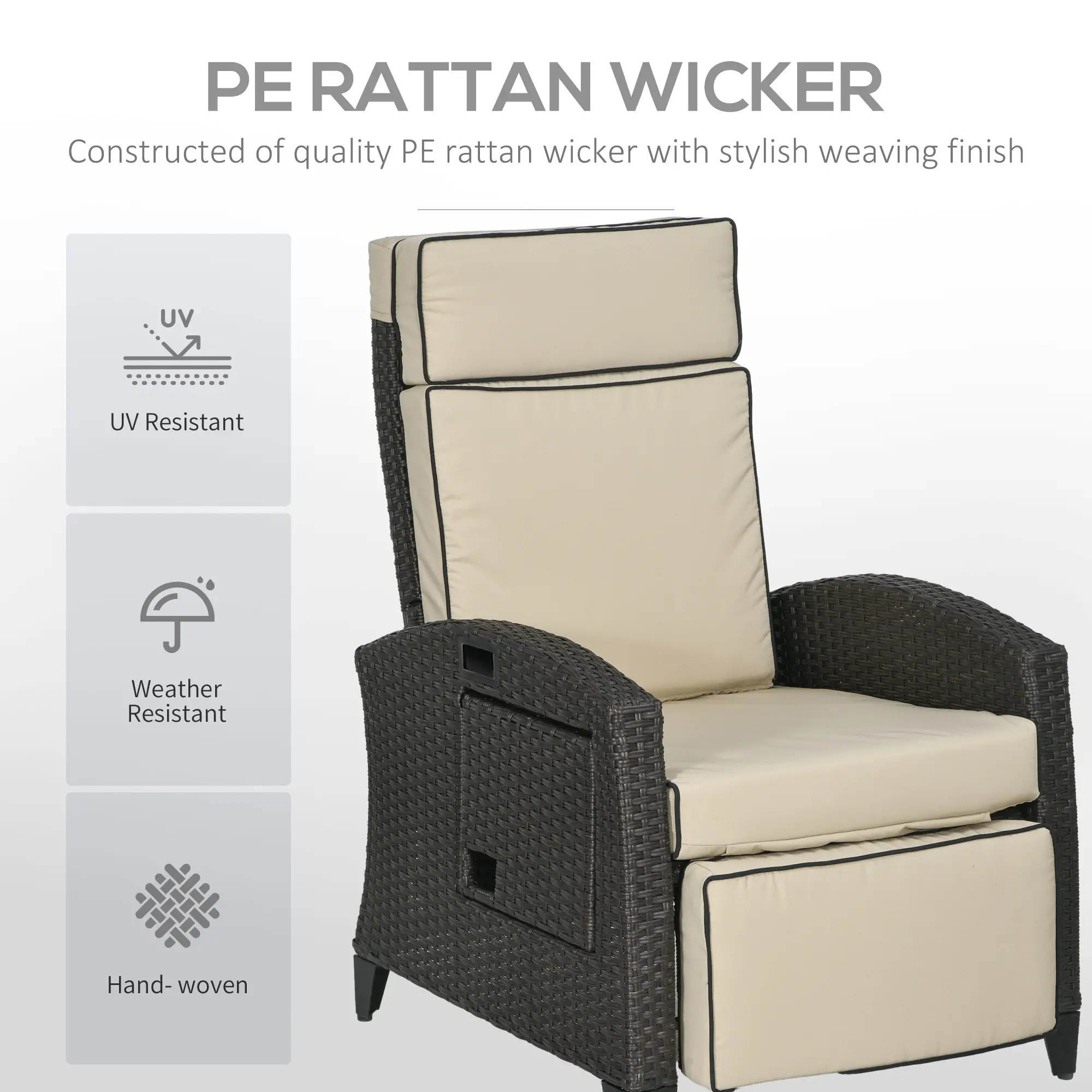 Outdoor Recliner Chair, Adjustable Backrest, Cushion, Side Tray, Khaki - Image 5