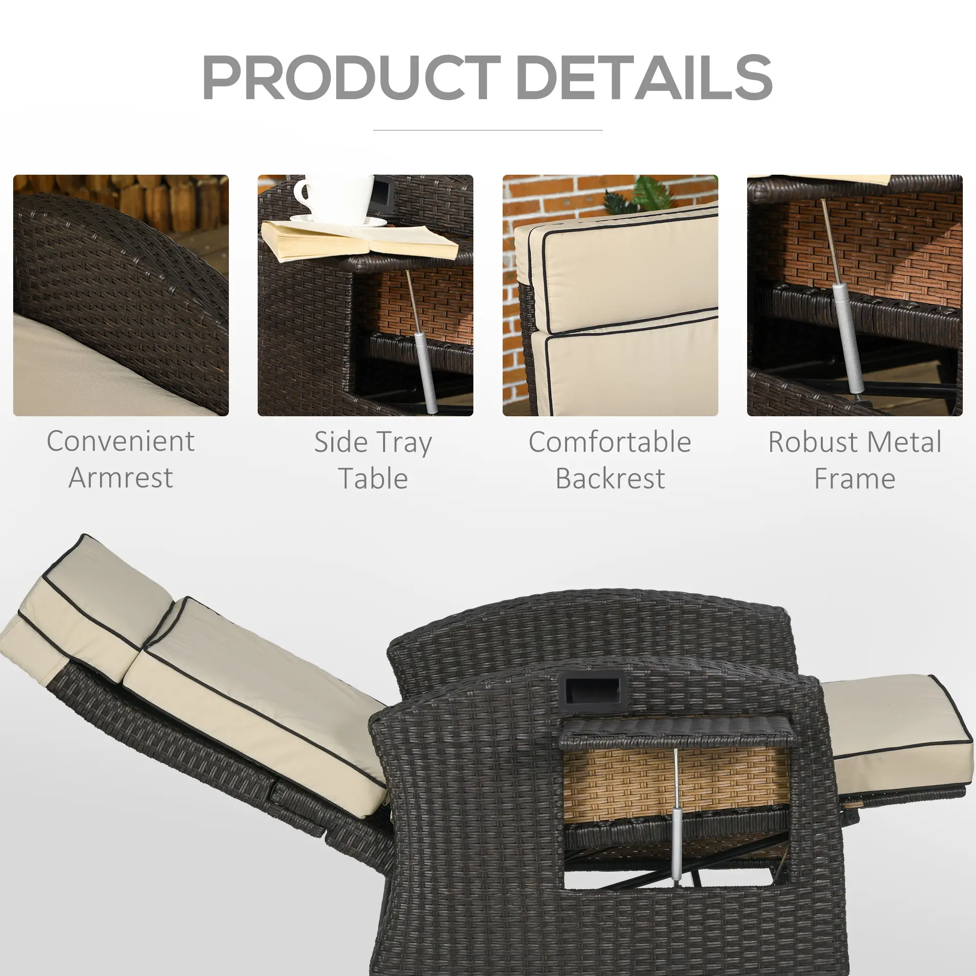 Outdoor Recliner Chair, Adjustable Backrest, Cushion, Side Tray, Khaki - Image 6