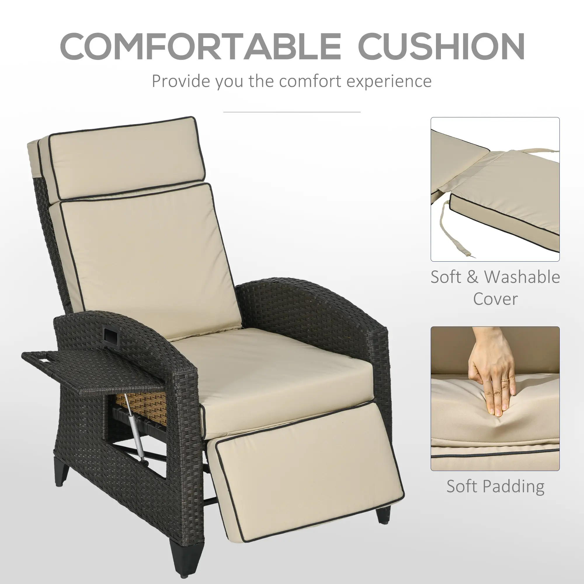 Outdoor Recliner Chair, Adjustable Backrest, Cushion, Side Tray, Khaki - Image 7