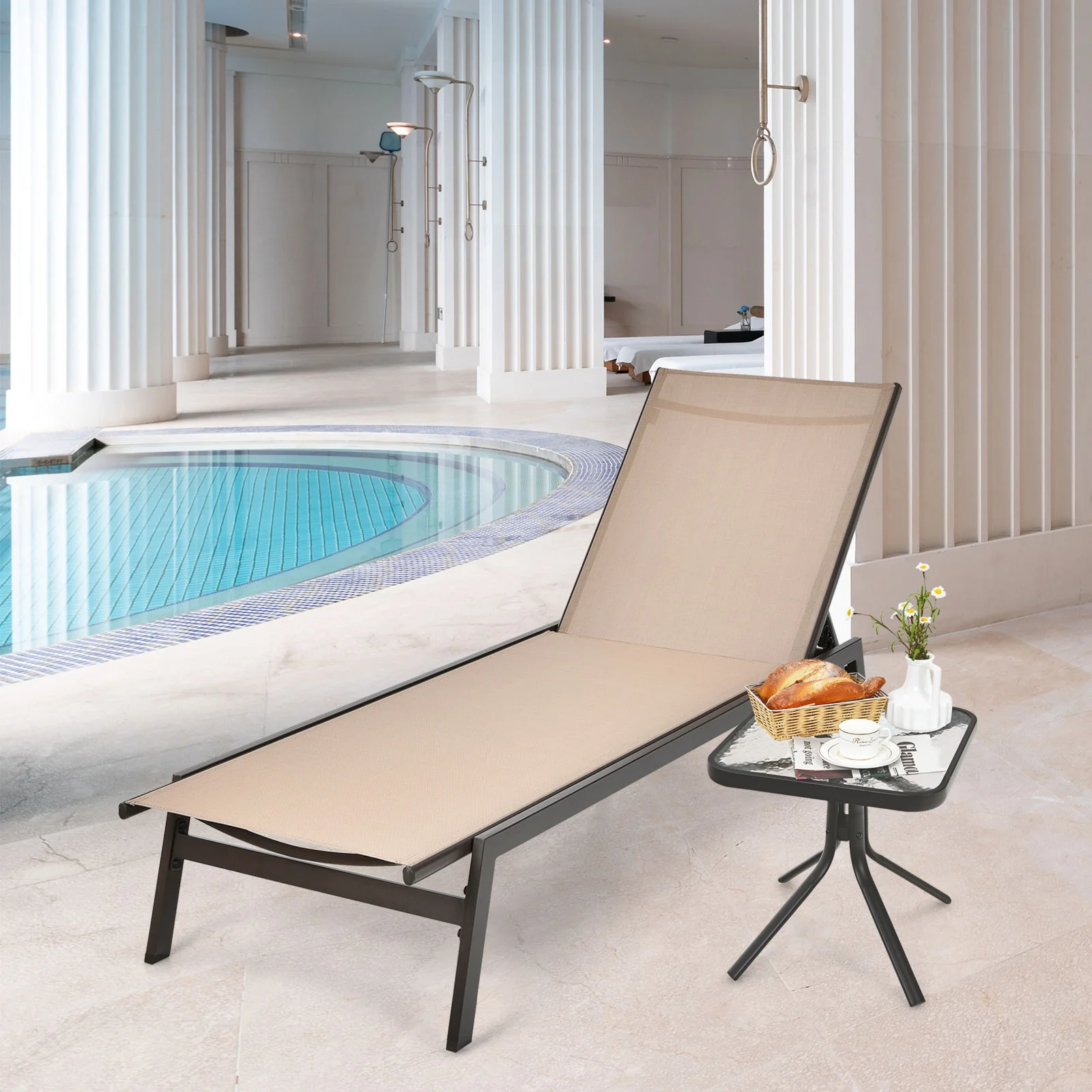 Outdoor Reclining Chaise Lounge Chair, 6-Position Adjustable Back, Brown - Image 3