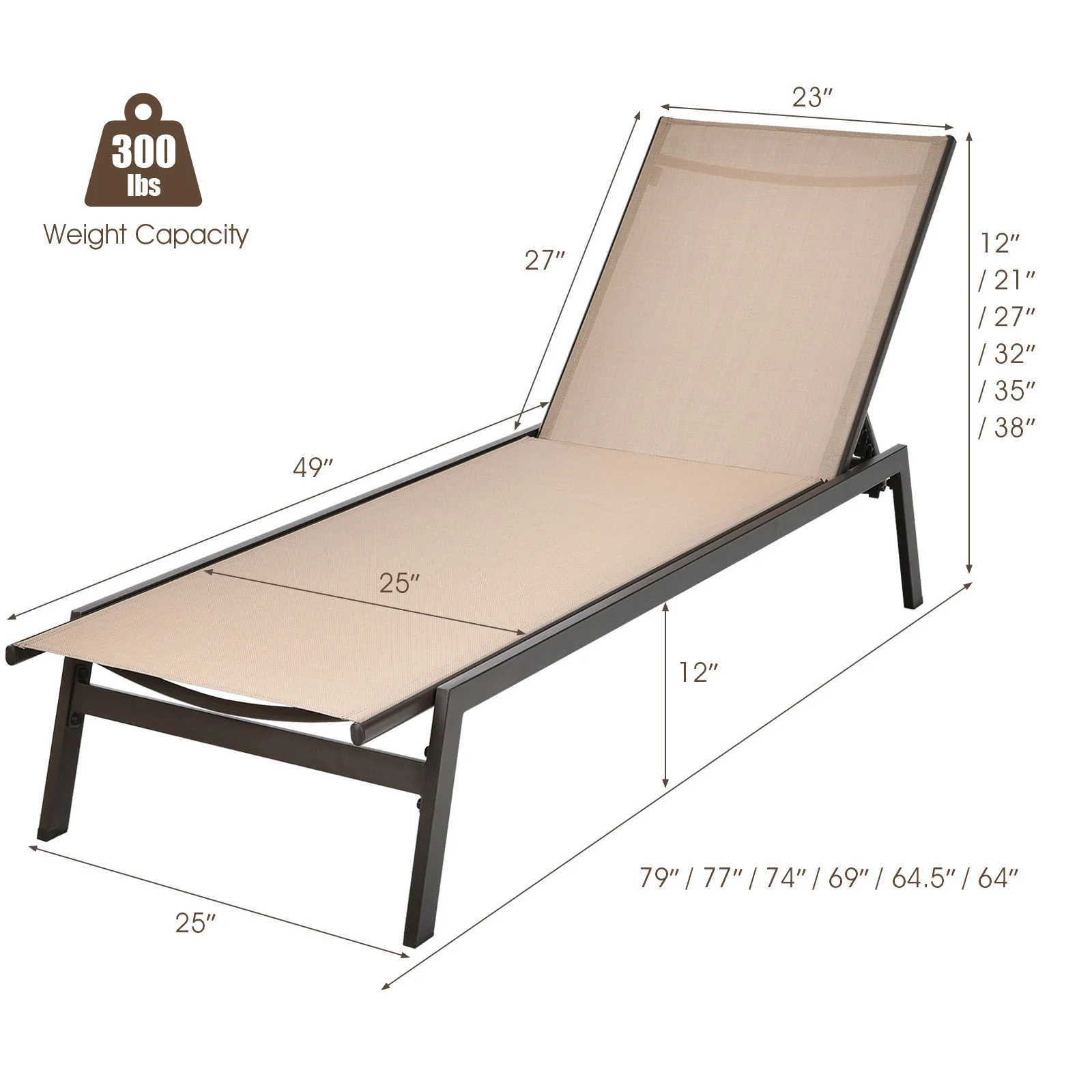 Outdoor Reclining Chaise Lounge Chair, 6-Position Adjustable Back, Brown - Image 5