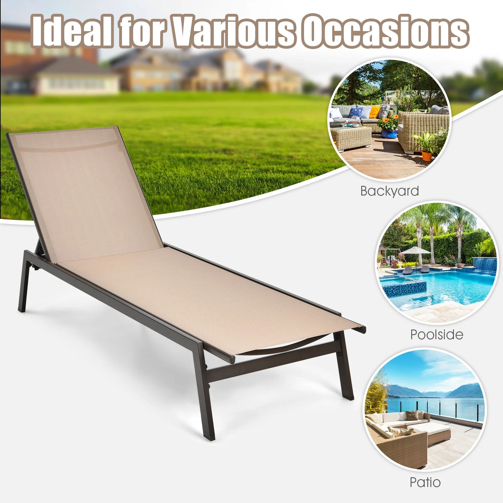 Outdoor Reclining Chaise Lounge Chair, 6-Position Adjustable Back, Brown - Image 6