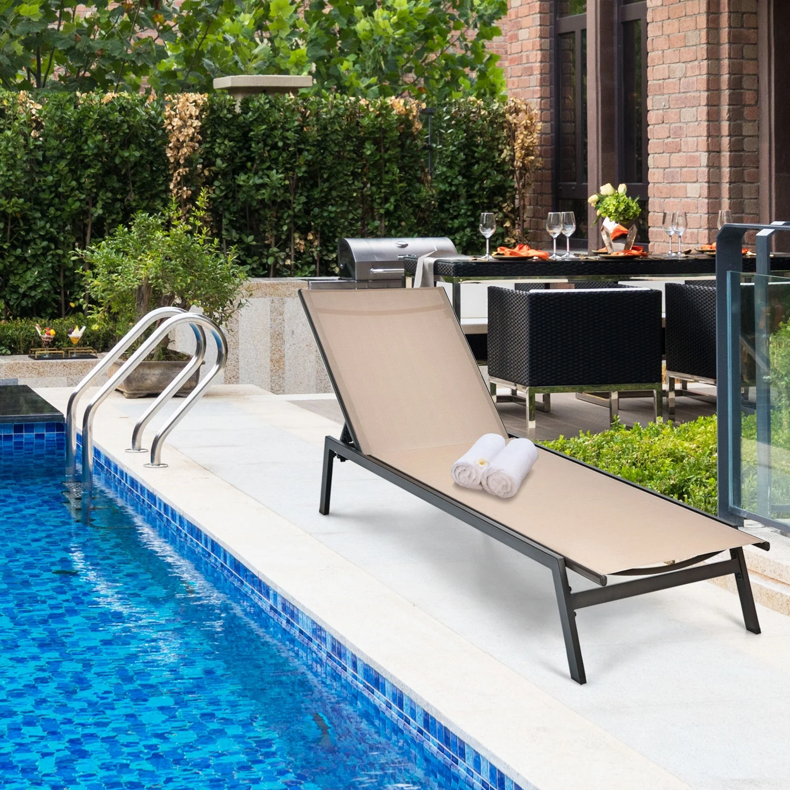 Outdoor Reclining Chaise Lounge Chair, 6-Position Adjustable Back, Brown - Image 8