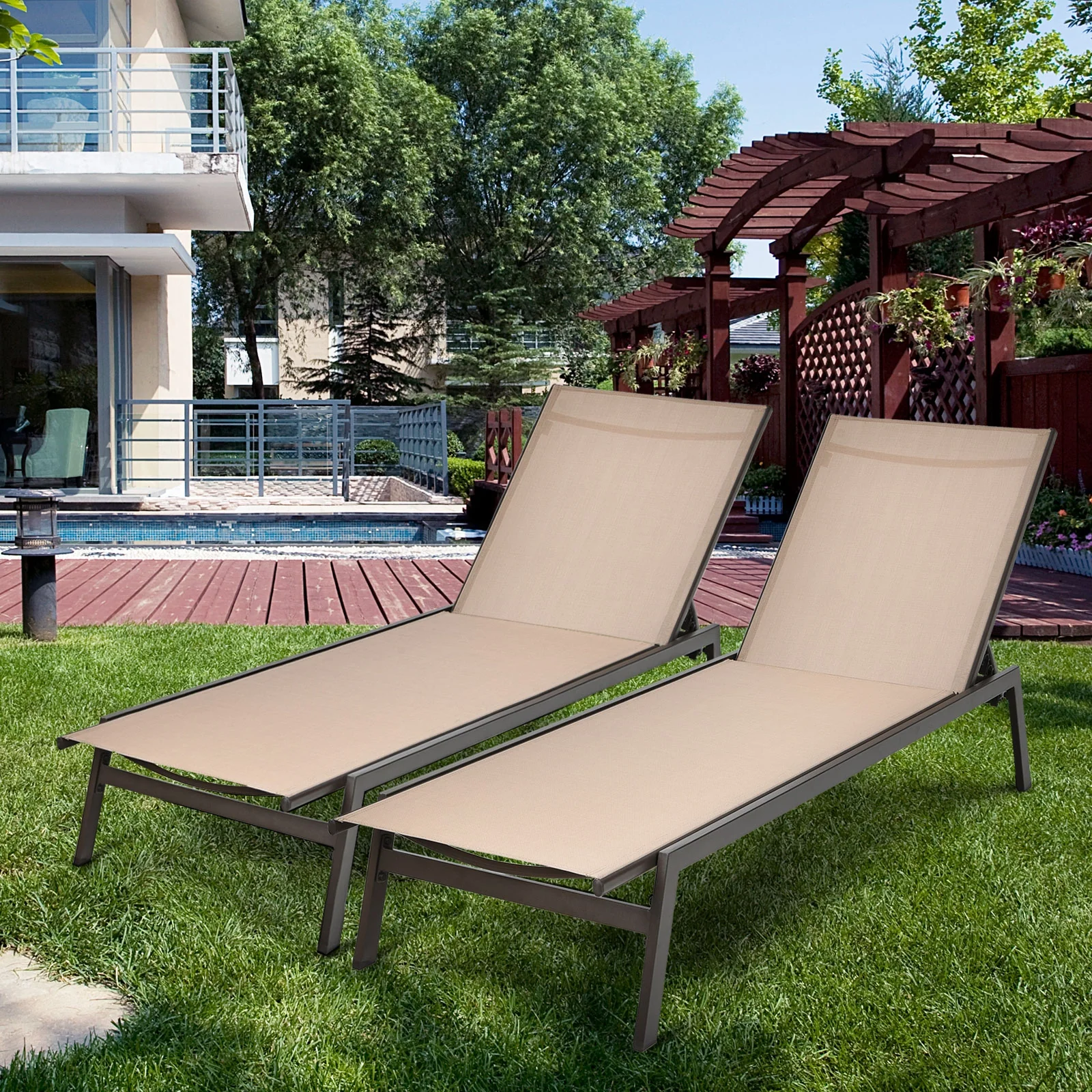 Outdoor Reclining Chaise Lounge Chair, 6-Position Adjustable Back, Brown - Image 9
