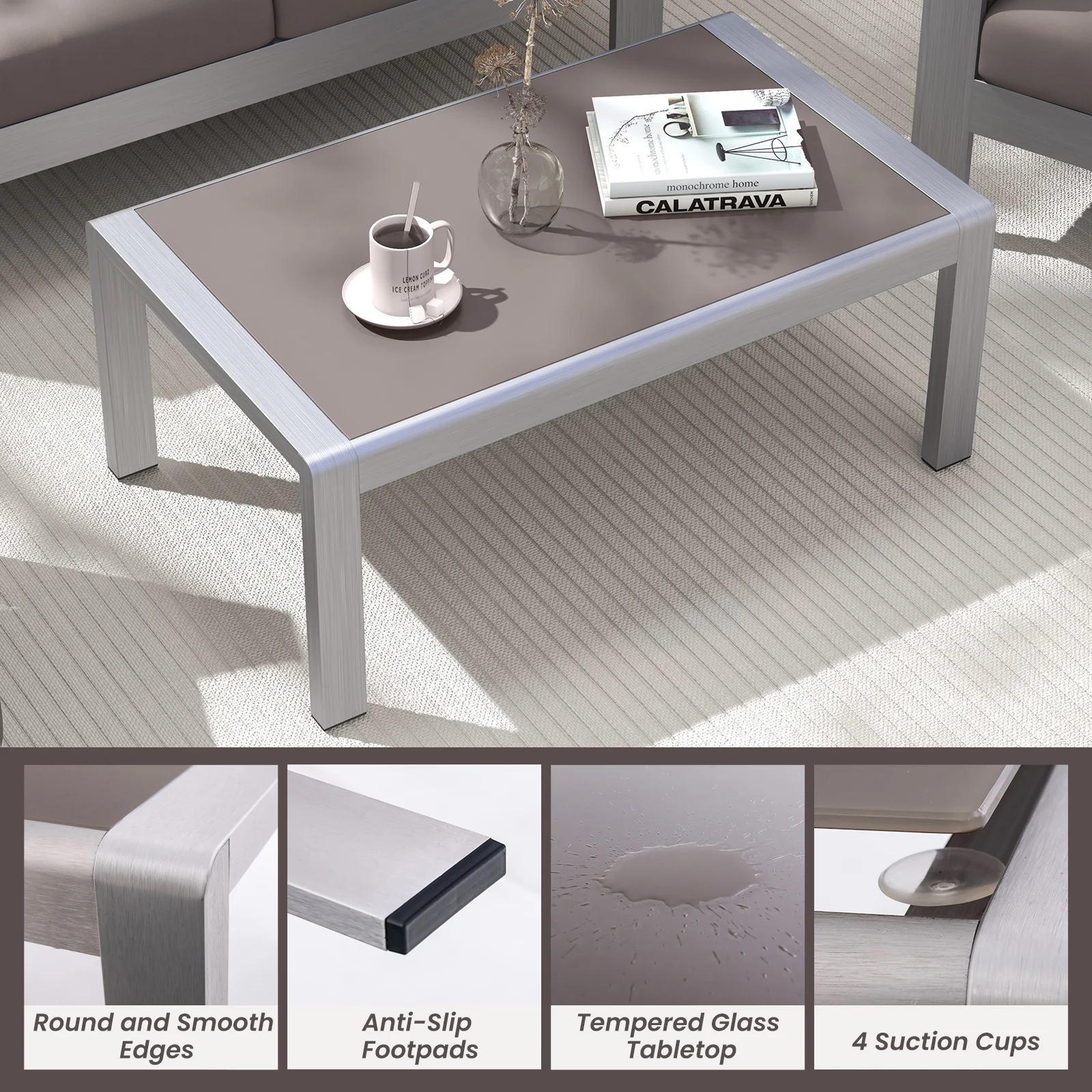 Outdoor Rectangle Coffee Table, Tempered Glass Tabletop, Gray - Image 7