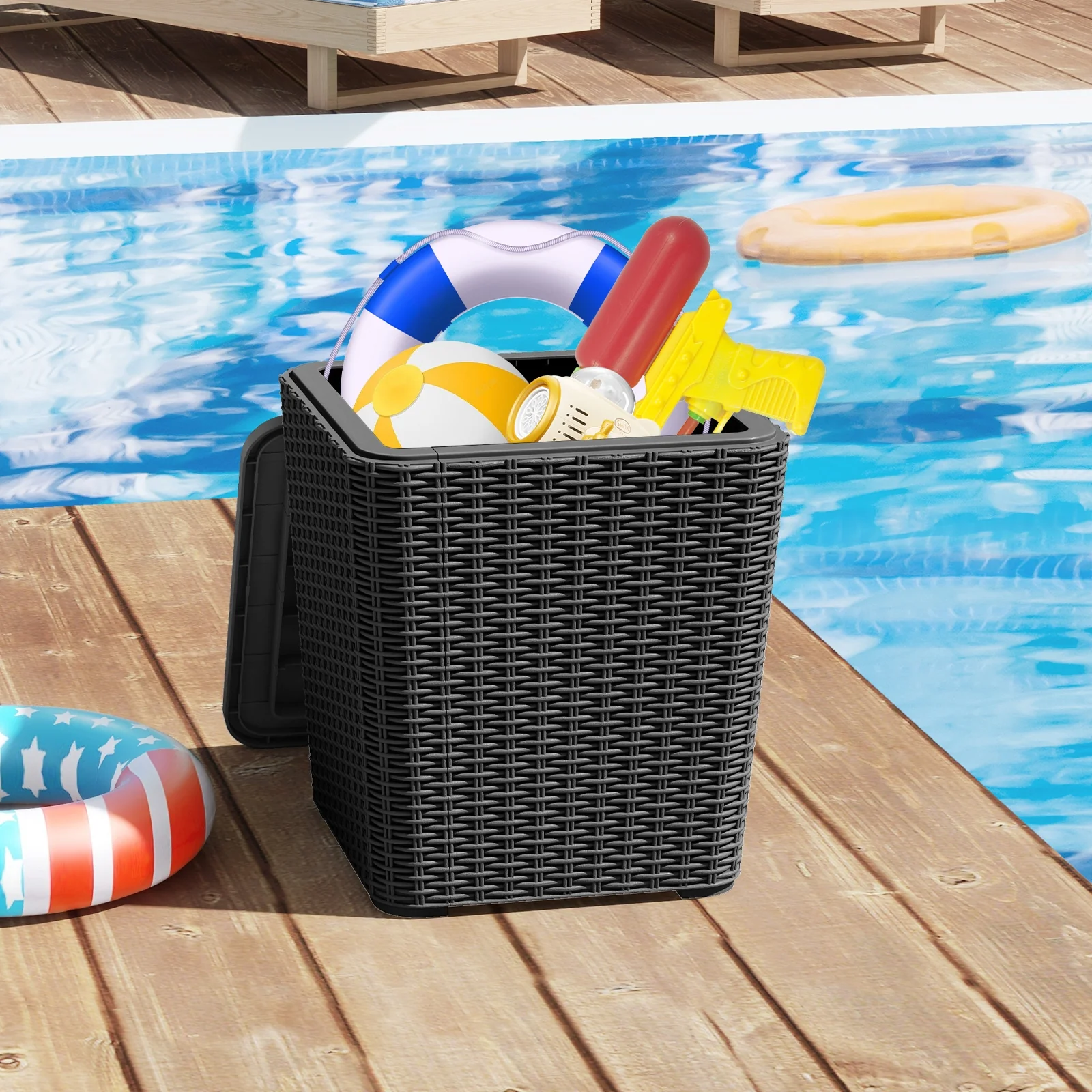 Outdoor Resin Storage Side Table, Removable Lid, Wicker Accent, Black - Image 10