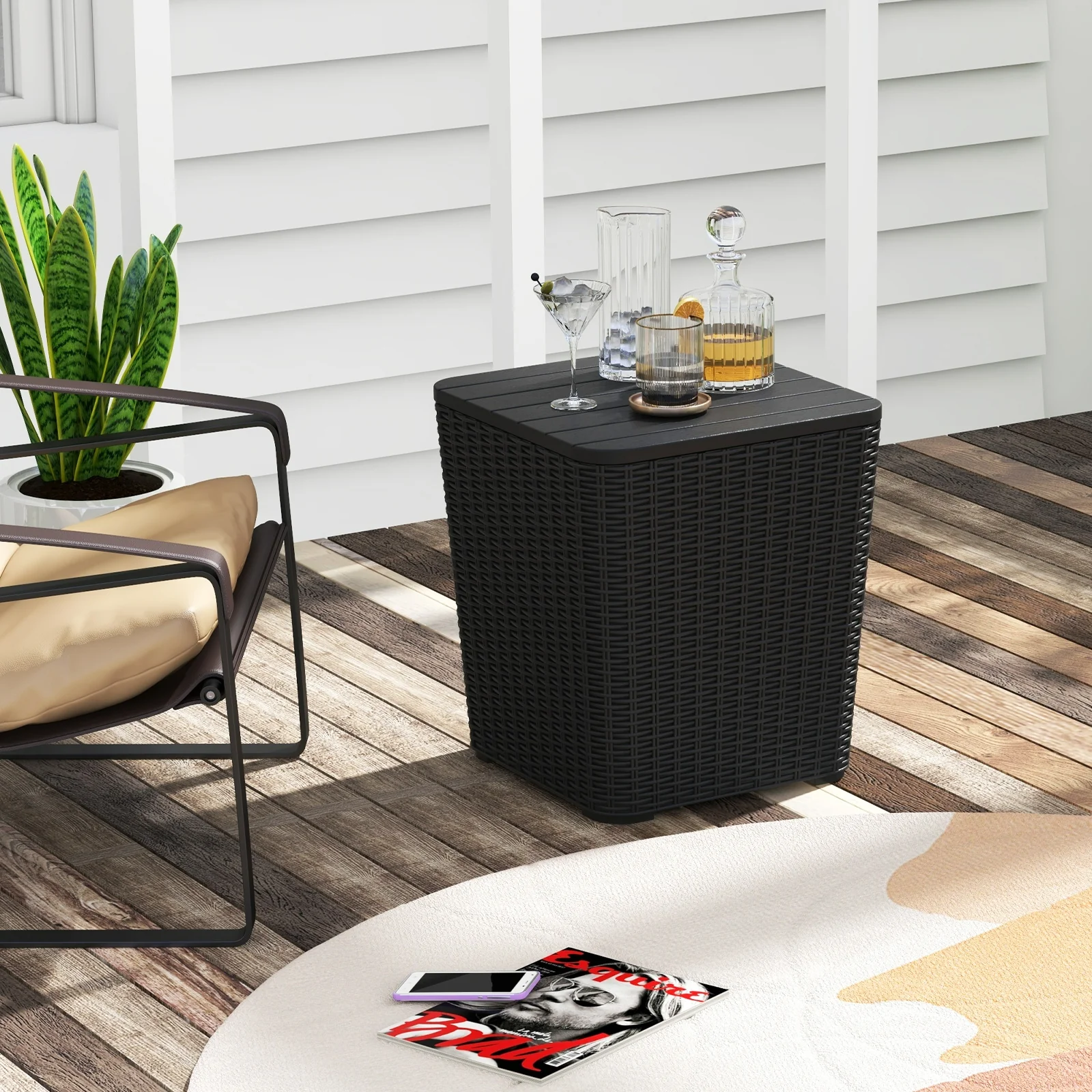 Outdoor Resin Storage Side Table, Removable Lid, Wicker Accent, Black - Image 2