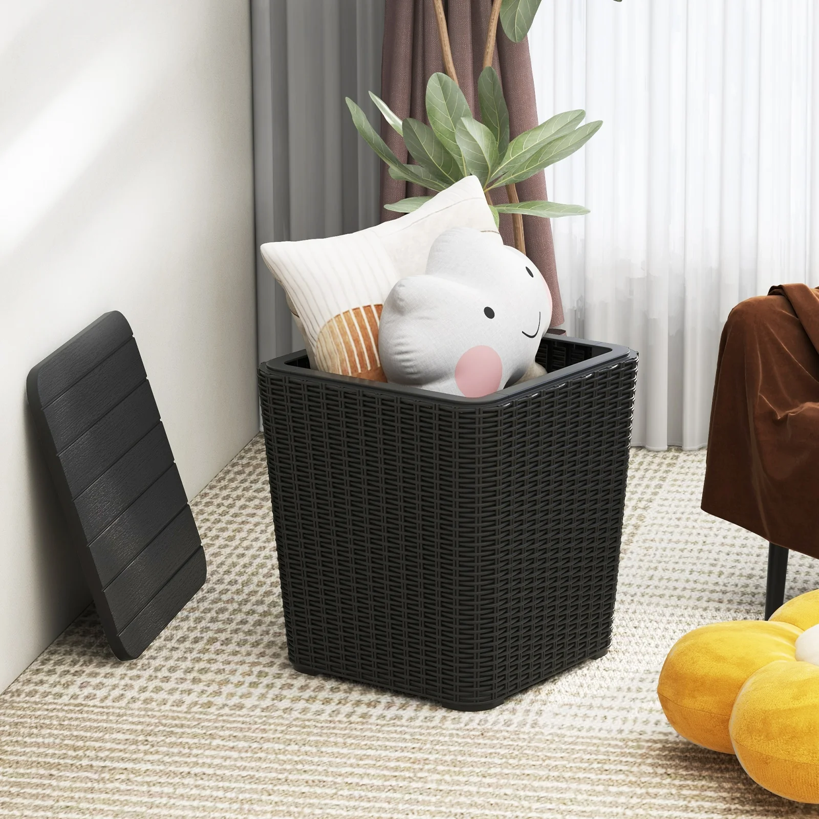 Outdoor Resin Storage Side Table, Removable Lid, Wicker Accent, Black - Image 3