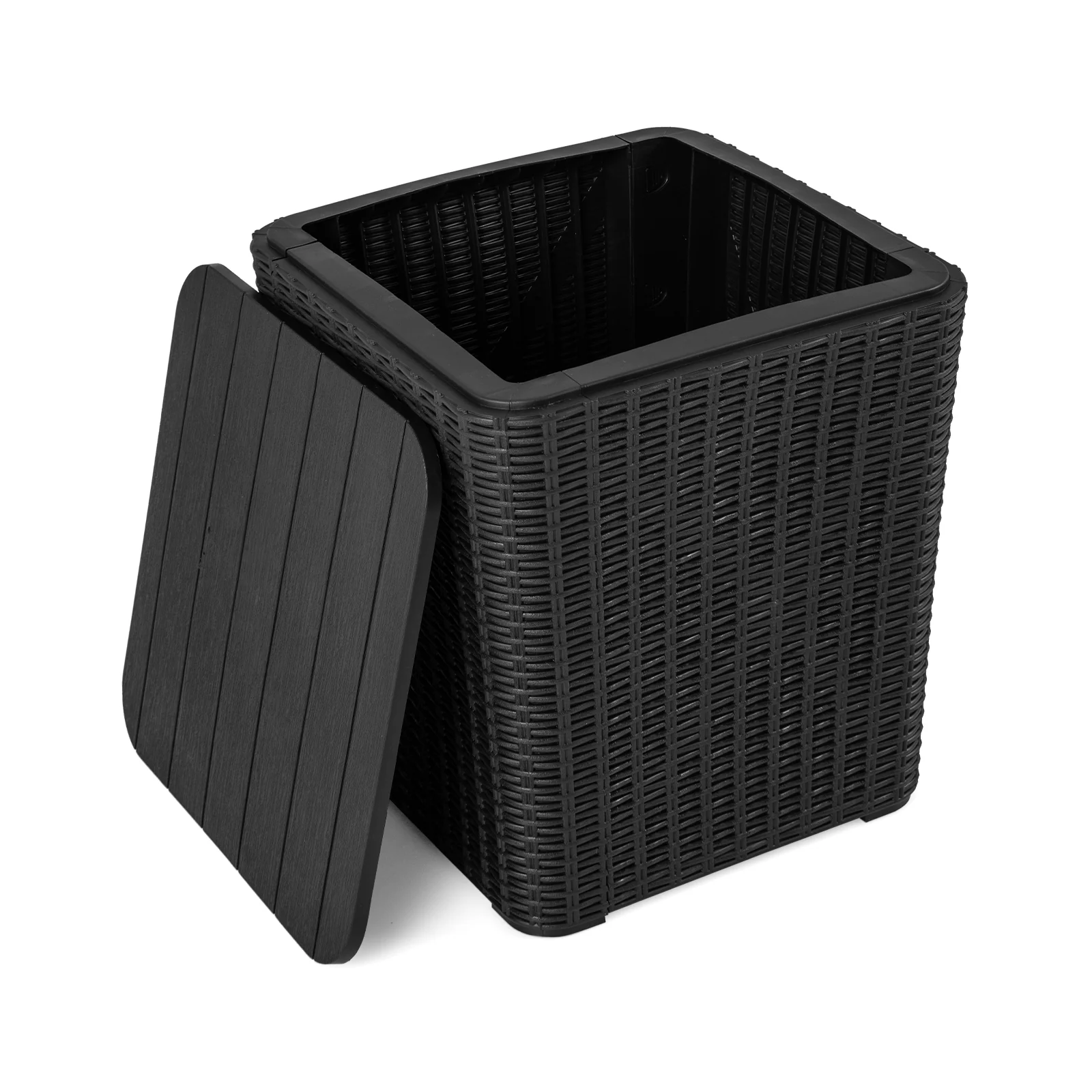 Outdoor Resin Storage Side Table, Removable Lid, Wicker Accent, Black - Image 4