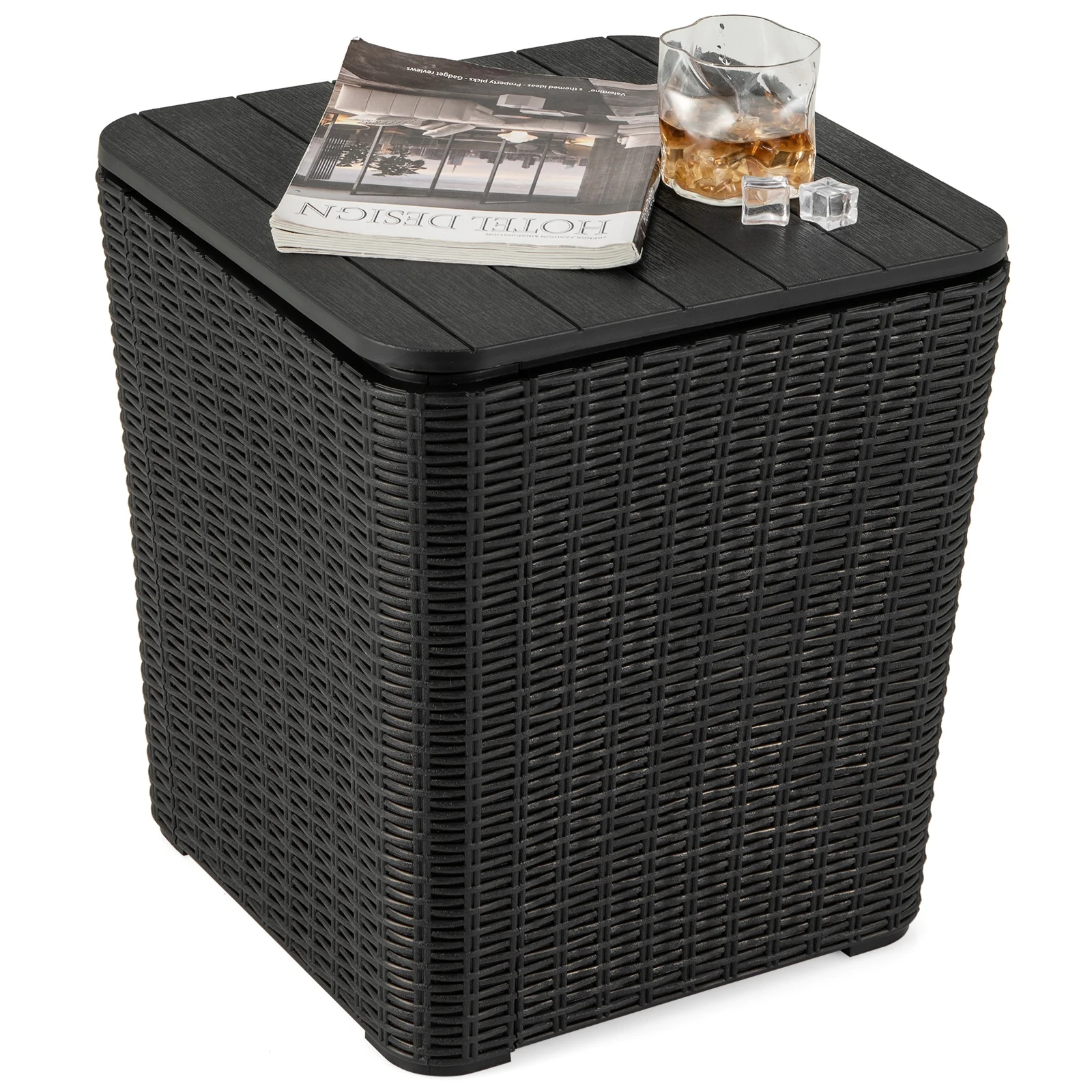 Outdoor Resin Storage Side Table, Removable Lid, Wicker Accent, Black - Image 5